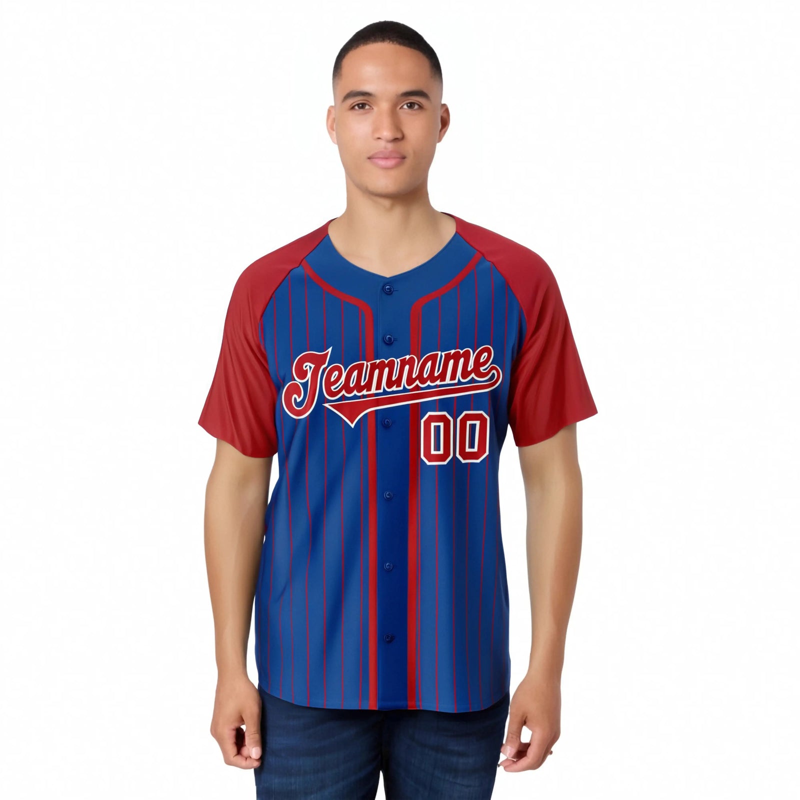 Custom Blue Red Pinstripe Red-White Authentic Raglan Sleeves Baseball Jersey