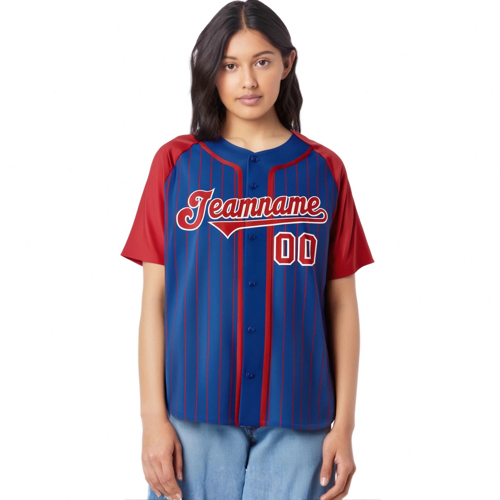 Custom Blue Red Pinstripe Red-White Authentic Raglan Sleeves Baseball Jersey