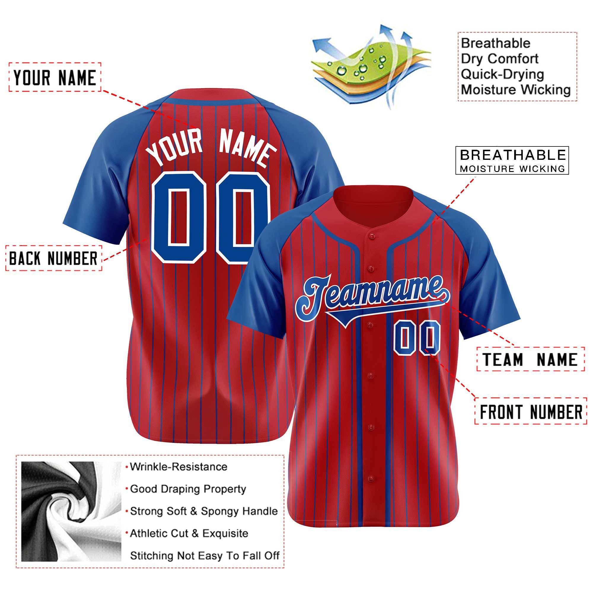 Custom Red Blue Pinstripe Blue-White Authentic Raglan Sleeves Baseball Jersey