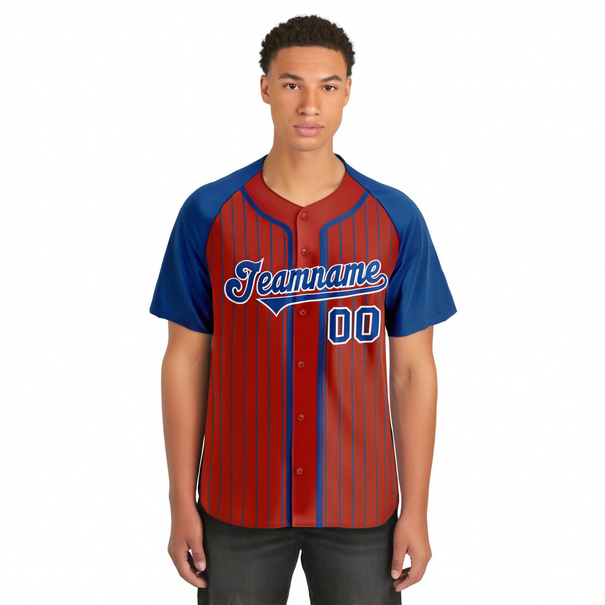 Custom Red Blue Pinstripe Blue-White Authentic Raglan Sleeves Baseball Jersey