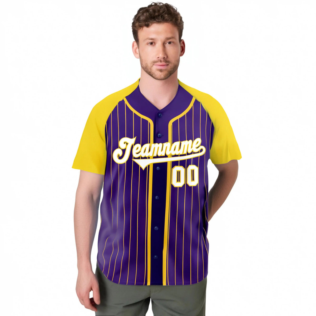Custom Purple Yellow Pinstripe Yellow-White Authentic Raglan Sleeves Baseball Jersey