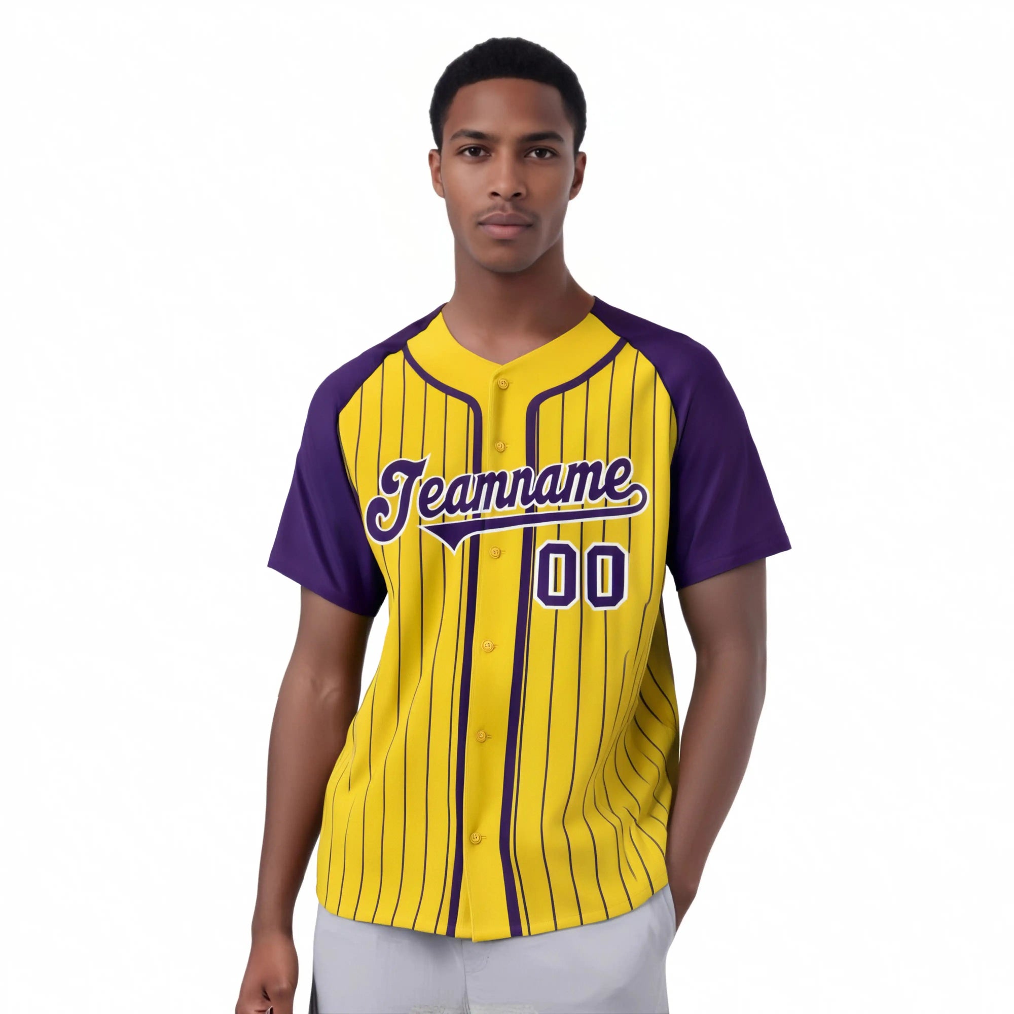 Custom Yellow Purple Pinstripe Purple-White Authentic Raglan Sleeves Baseball Jersey