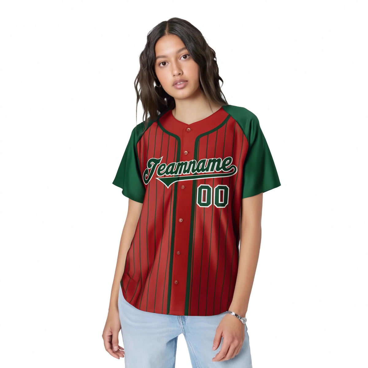 Custom Crimson Green Pinstripe Green-White Authentic Raglan Sleeves Baseball Jersey