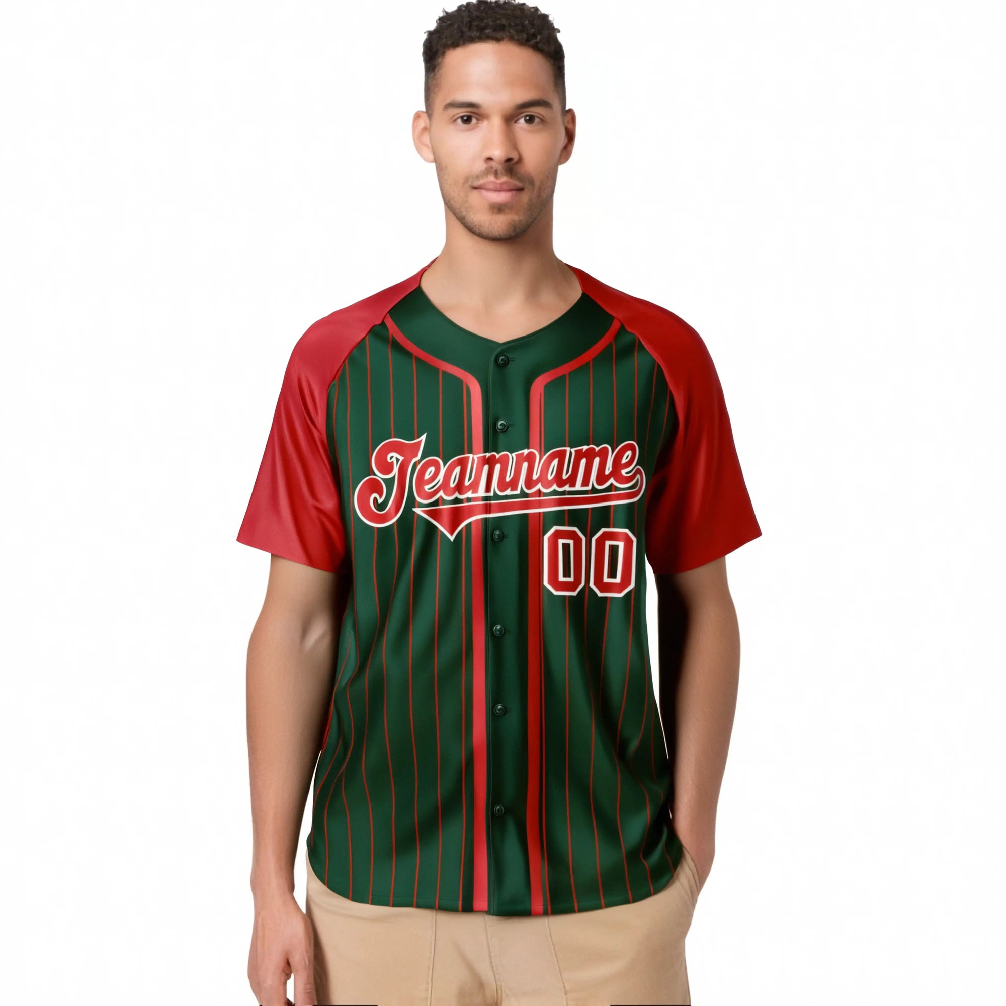 Custom Green Crimson Pinstripe Crimson-White Authentic Raglan Sleeves Baseball Jersey