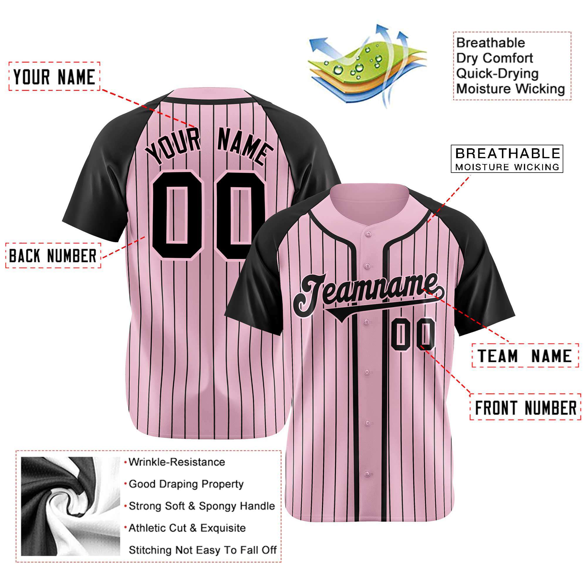 Custom Pink Black Pinstripe Pink-Black Authentic Raglan Sleeves Baseball Jersey