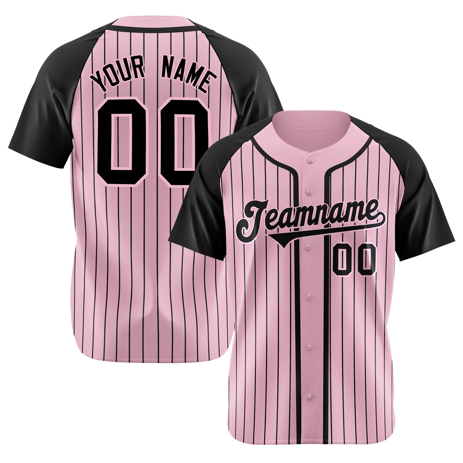 Custom Pink Black Pinstripe Pink-Black Authentic Raglan Sleeves Baseball Jersey