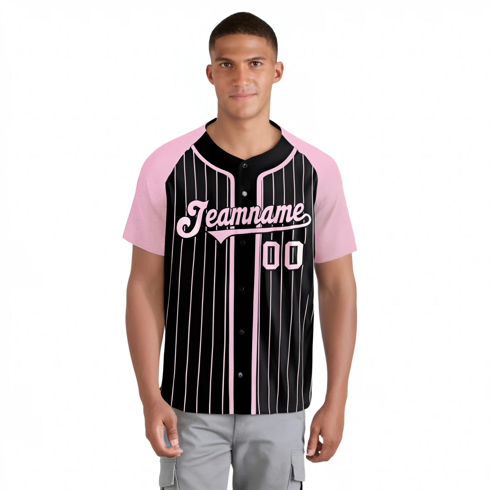 Custom Black Pink Pinstripe Black-Pink Authentic Raglan Sleeves Baseball Jersey