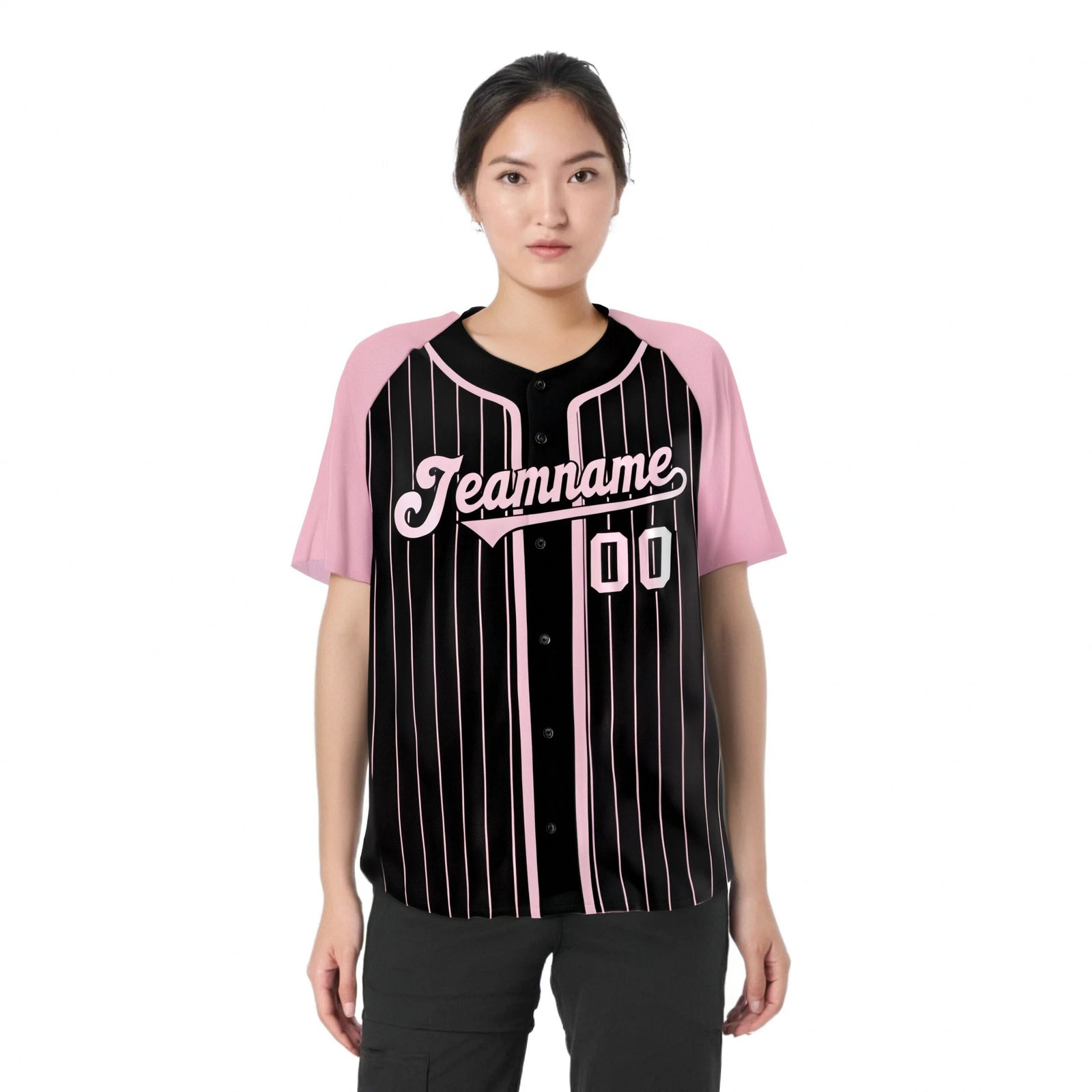 Custom Black Pink Pinstripe Black-Pink Authentic Raglan Sleeves Baseball Jersey