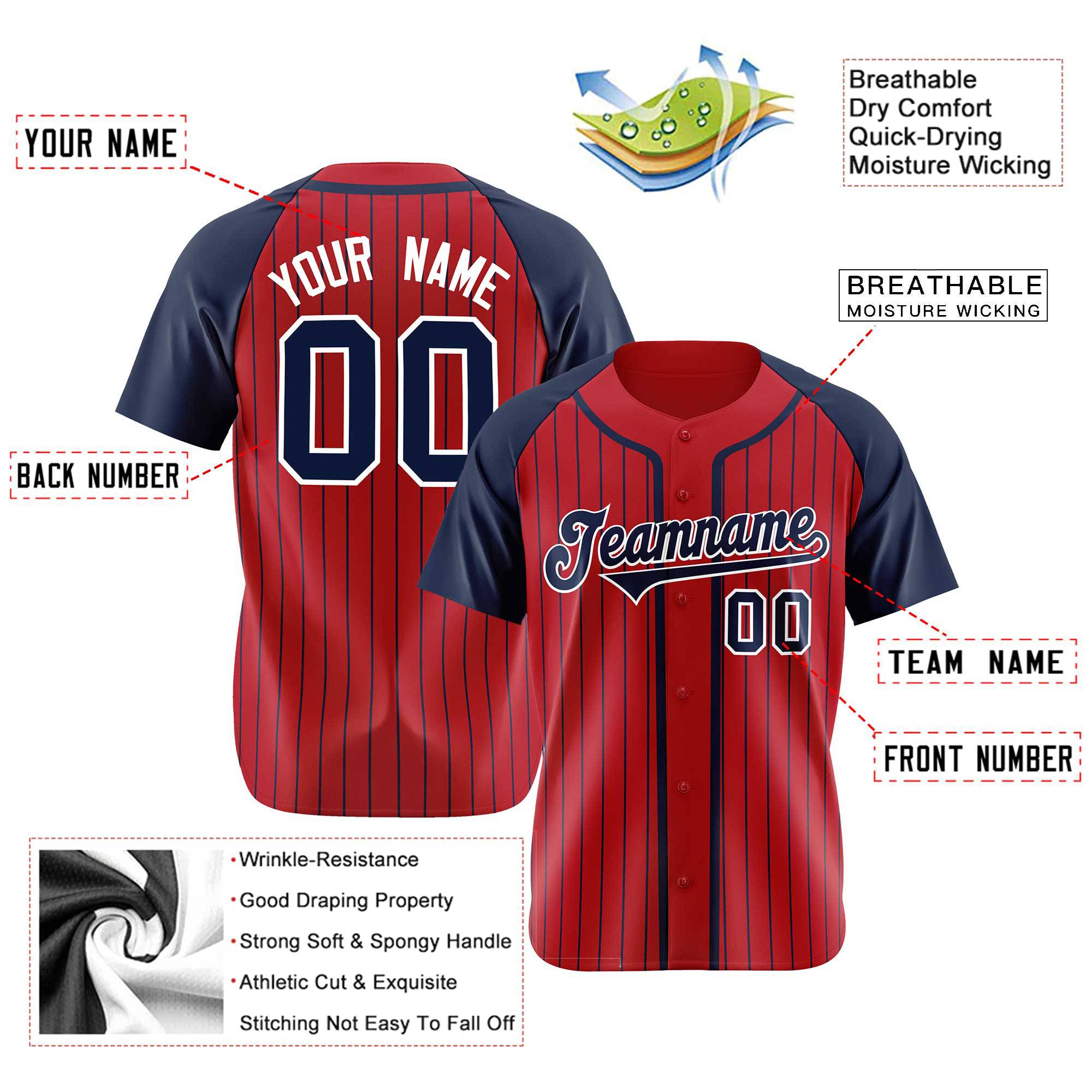 Custom Red Navy Pinstripe Navy-White Authentic Raglan Sleeves Baseball Jersey