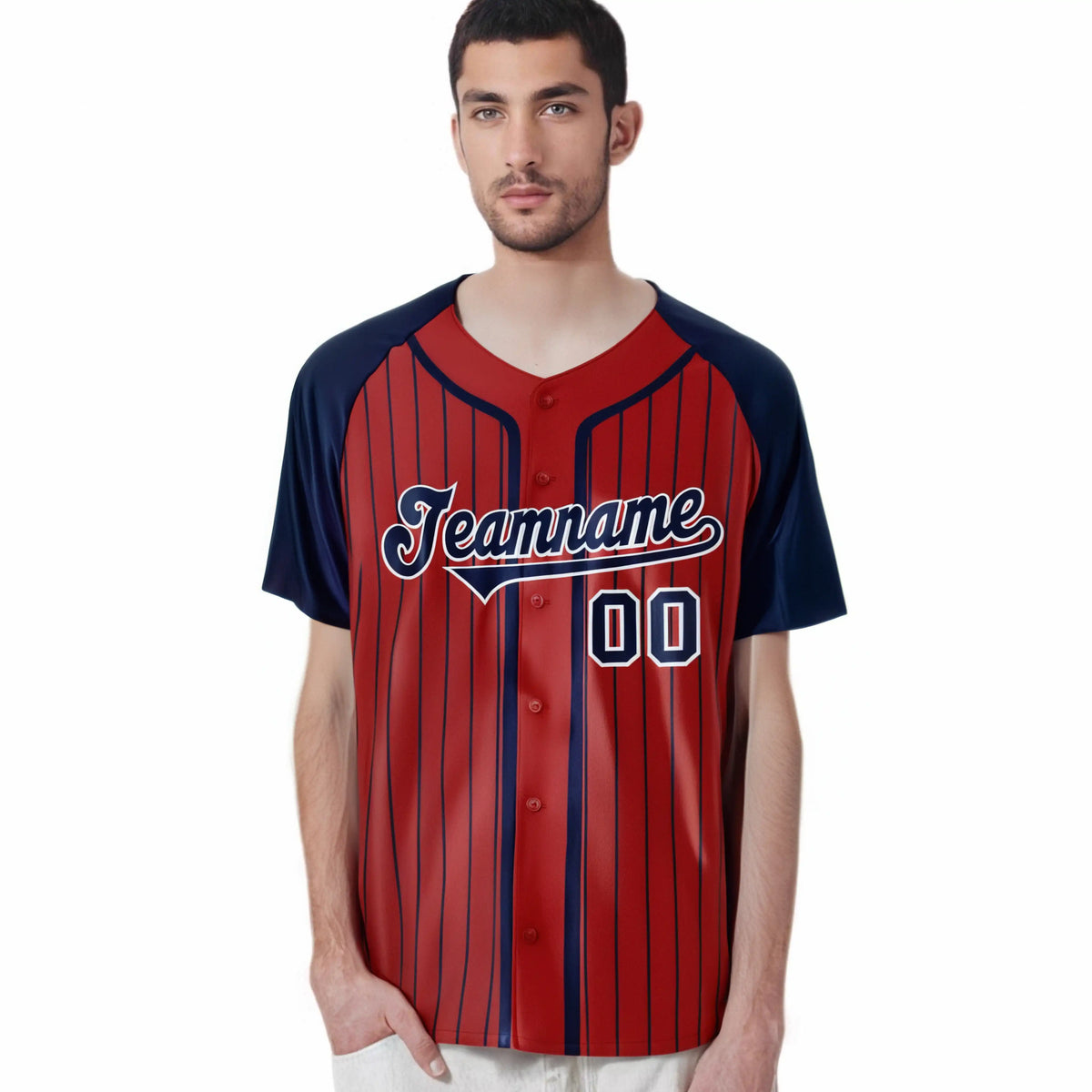 Custom Red Navy Pinstripe Navy-White Authentic Raglan Sleeves Baseball Jersey