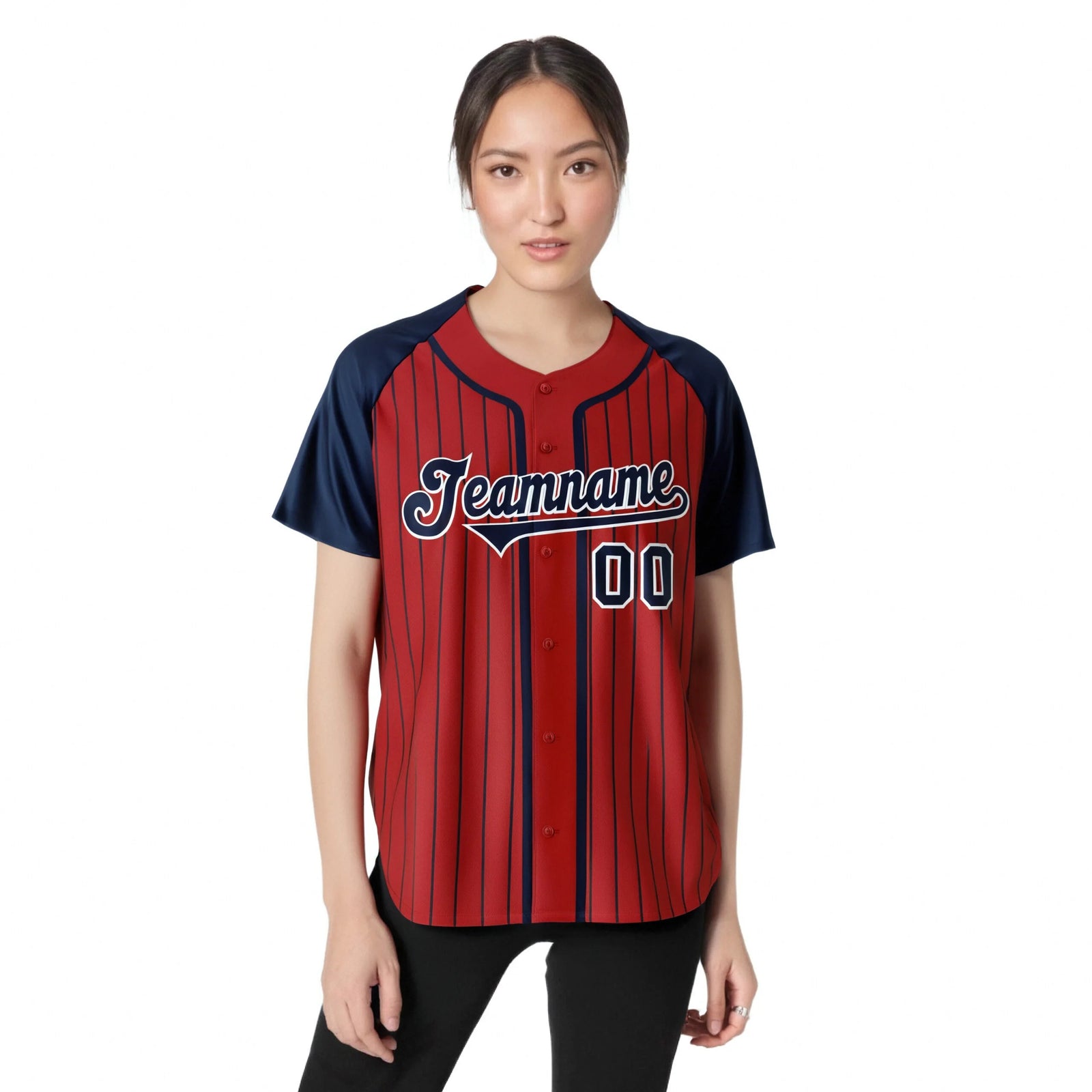 Custom Red Navy Pinstripe Navy-White Authentic Raglan Sleeves Baseball Jersey