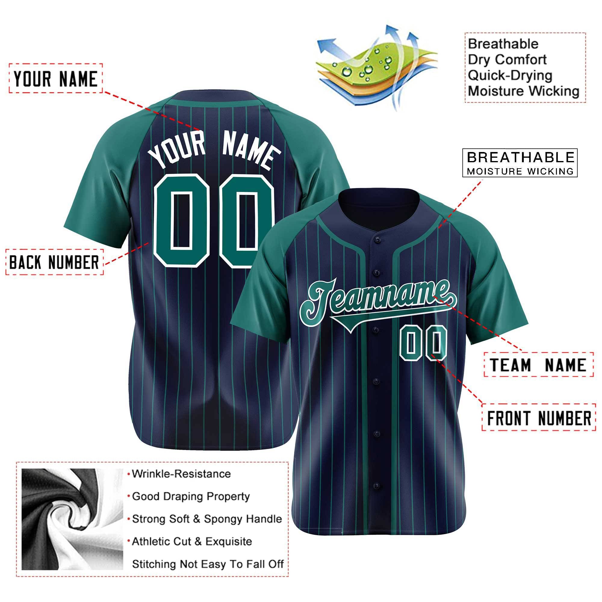 Custom Navy Green Pinstripe Green-White Authentic Raglan Sleeves Baseball Jersey