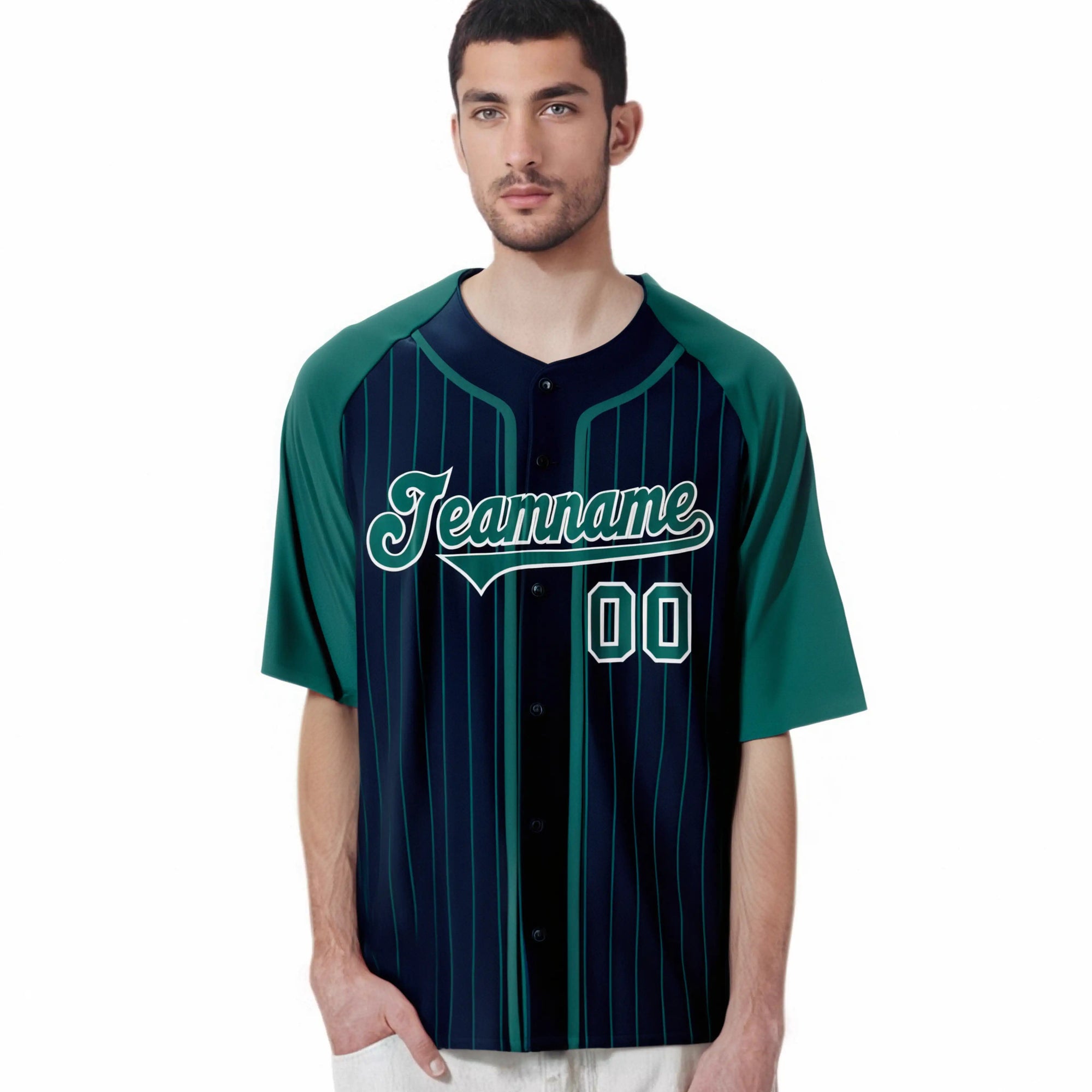 Custom Navy Green Pinstripe Green-White Authentic Raglan Sleeves Baseball Jersey