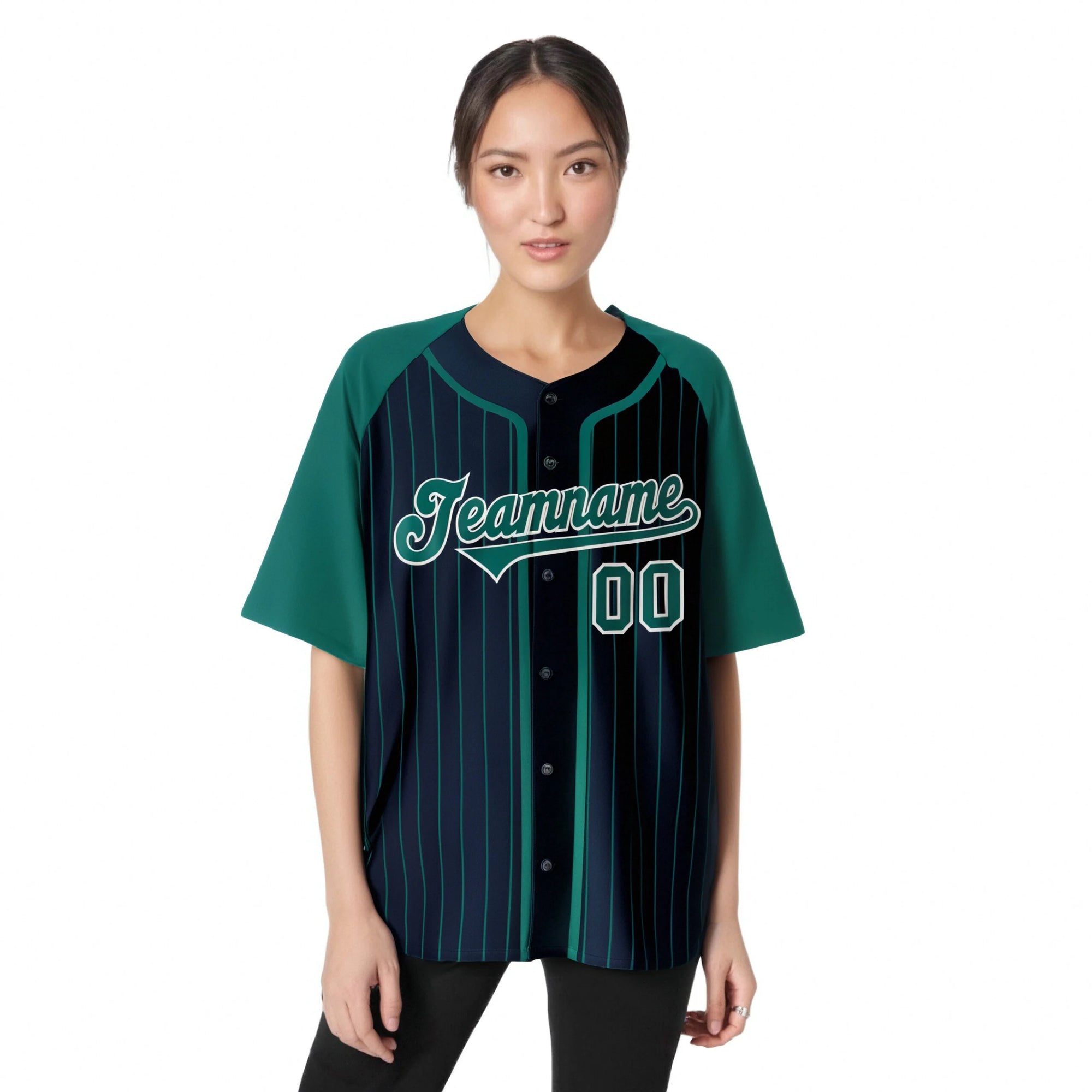 Custom Navy Green Pinstripe Green-White Authentic Raglan Sleeves Baseball Jersey