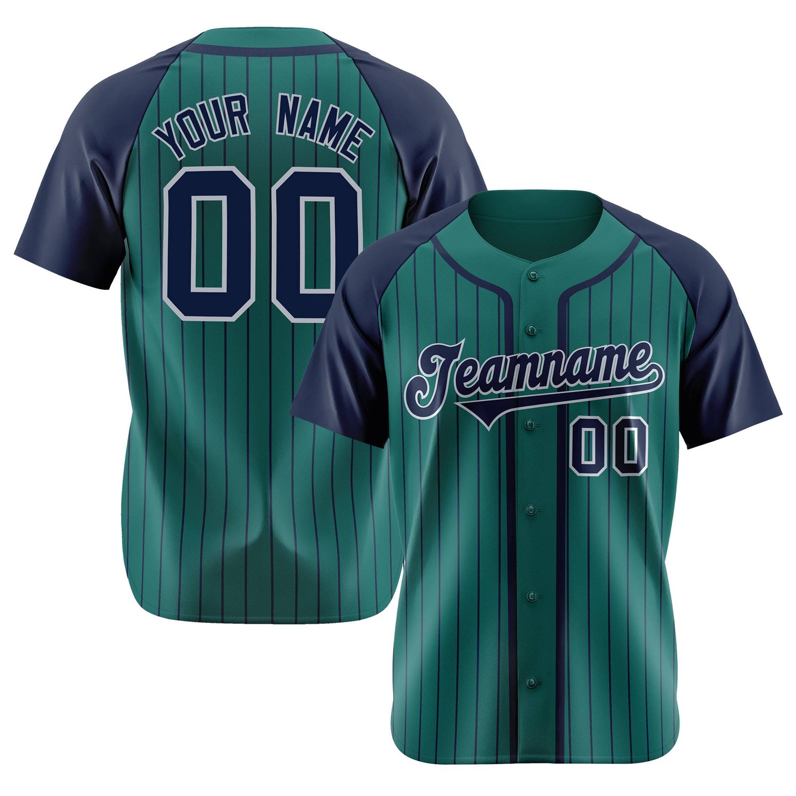 Custom Green Navy Pinstripe Navy-White Authentic Raglan Sleeves Baseball Jersey