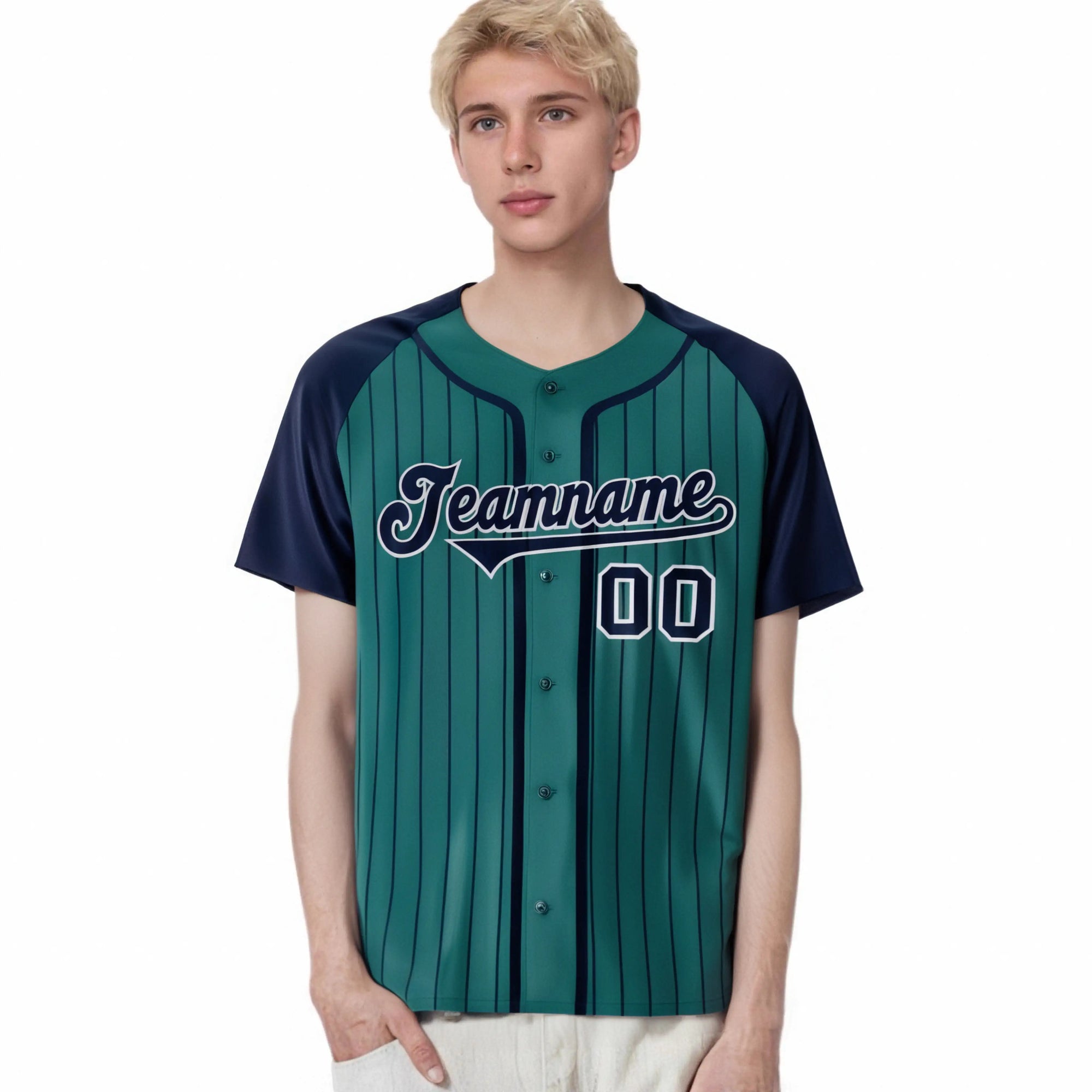 Custom Green Navy Pinstripe Navy-White Authentic Raglan Sleeves Baseball Jersey