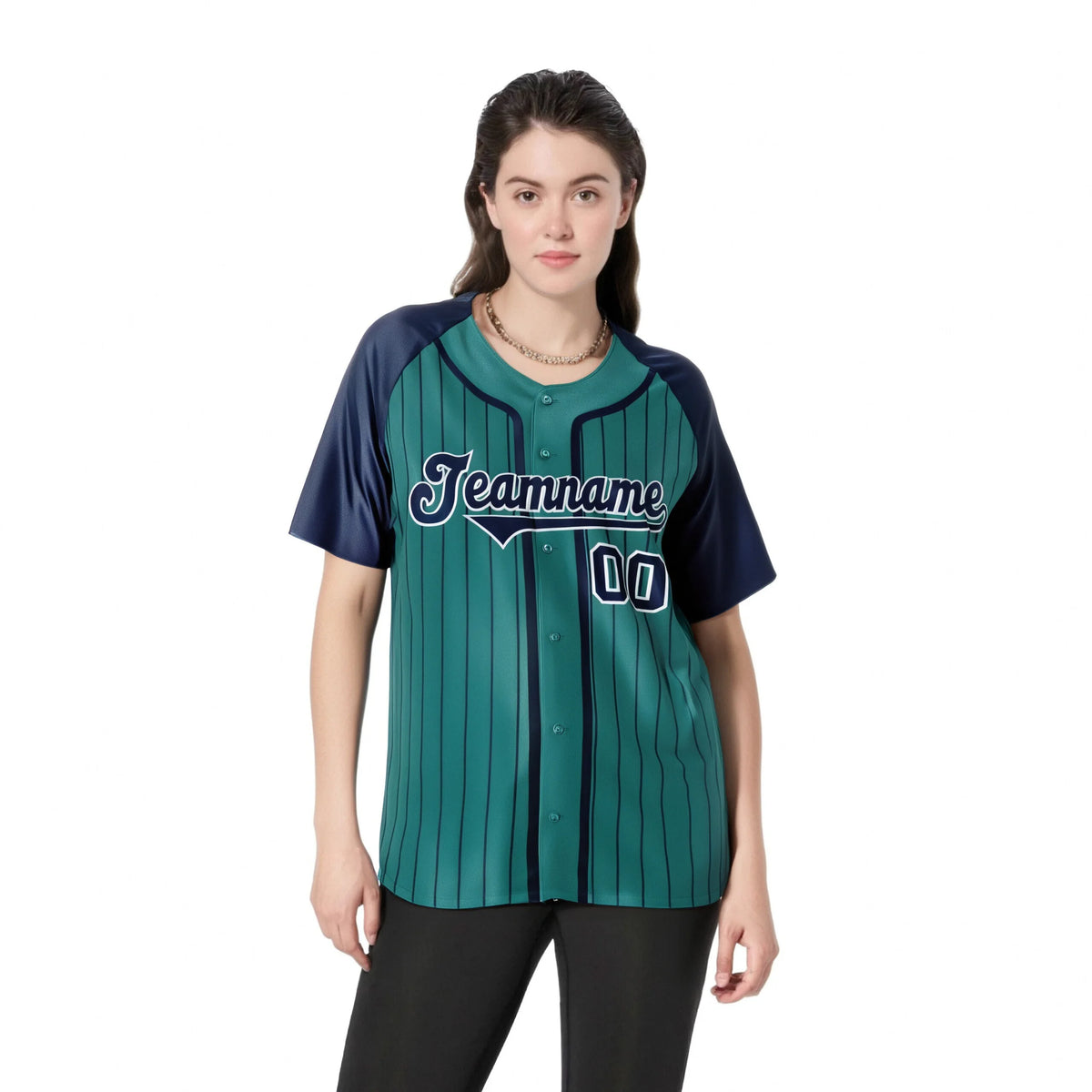 Custom Green Navy Pinstripe Navy-White Authentic Raglan Sleeves Baseball Jersey