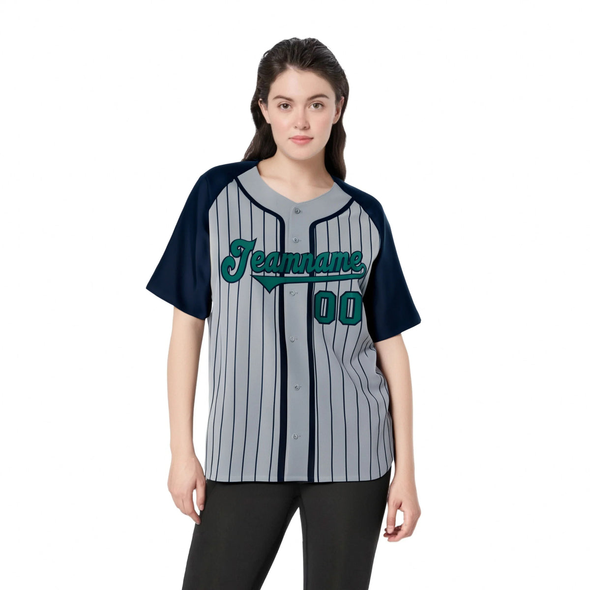 Custom Gray Navy Pinstripe Green-Navy Authentic Raglan Sleeves Baseball Jersey