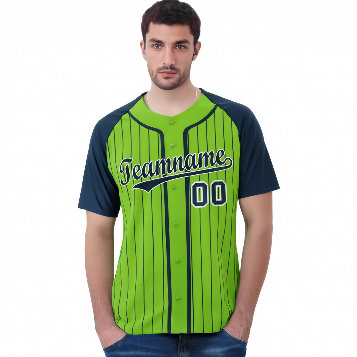 Custom Aqua Navy Pinstripe Navy-White Authentic Raglan Sleeves Baseball Jersey
