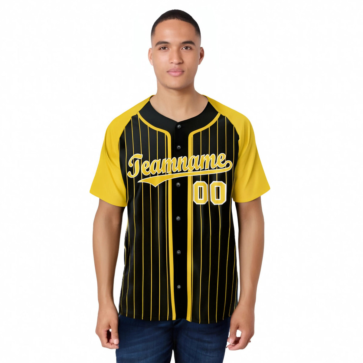 Custom Black Yellow Pinstripe Yellow-White Authentic Raglan Sleeves Baseball Jersey
