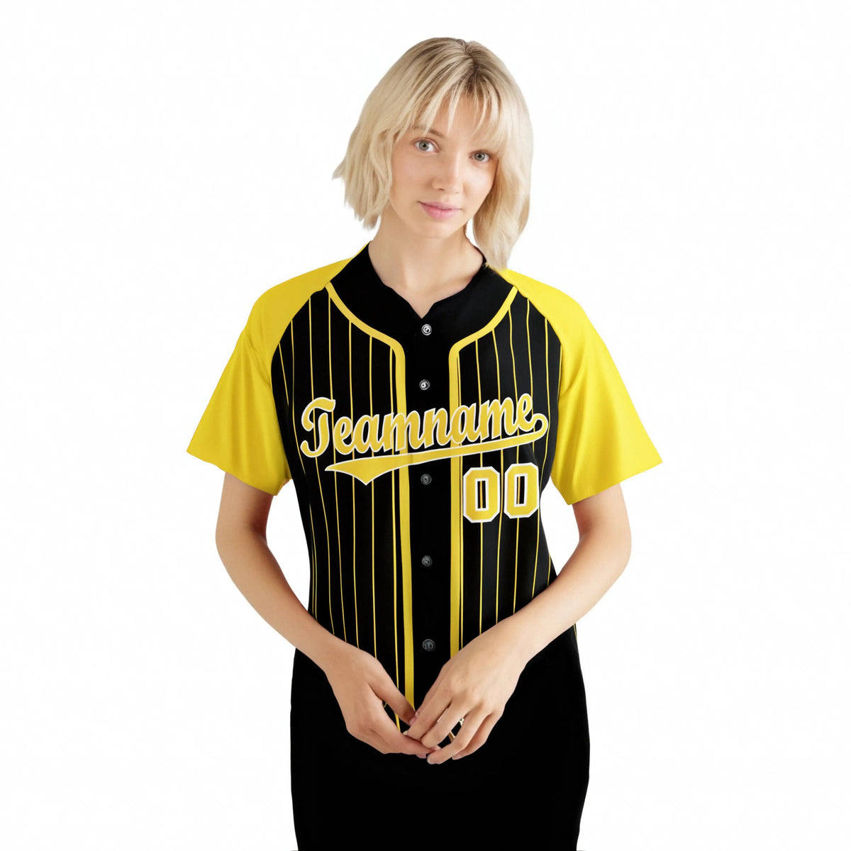 Custom Black Yellow Pinstripe Yellow-White Authentic Raglan Sleeves Baseball Jersey