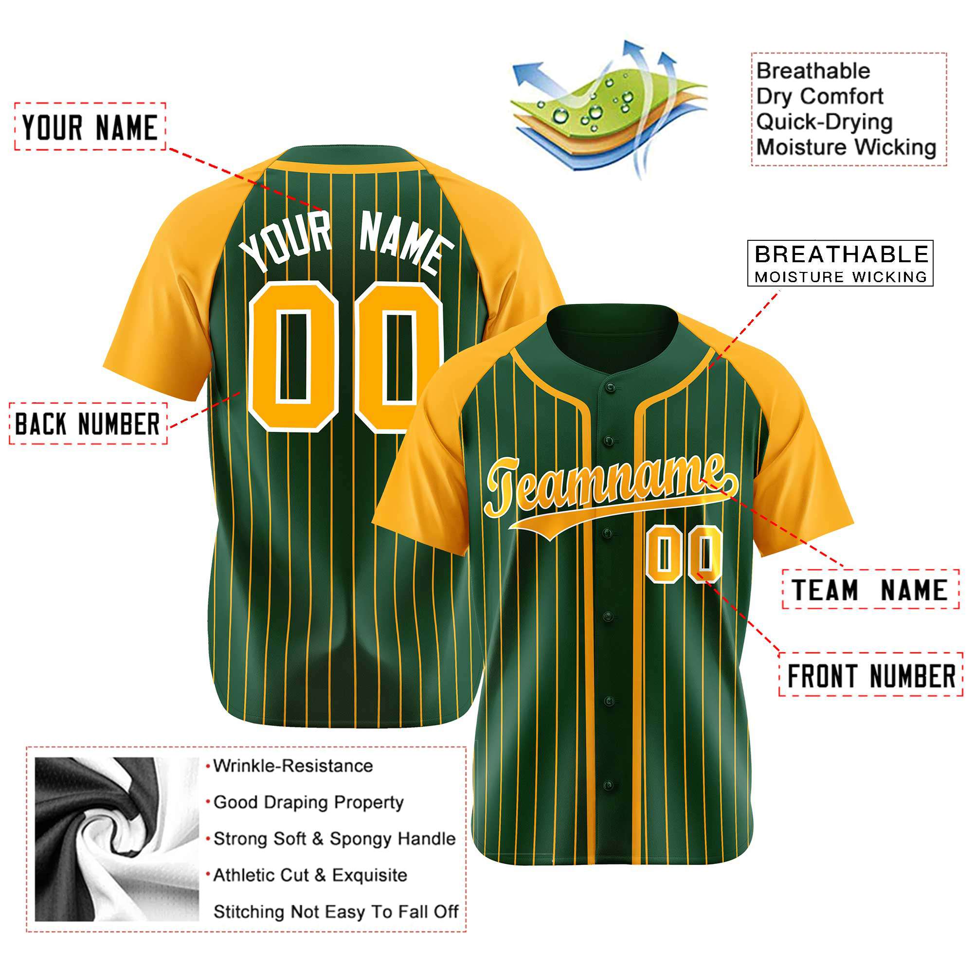 Custom Midnight Green Yellow Pinstripe Yellow-White Authentic Raglan Sleeves Baseball Jersey