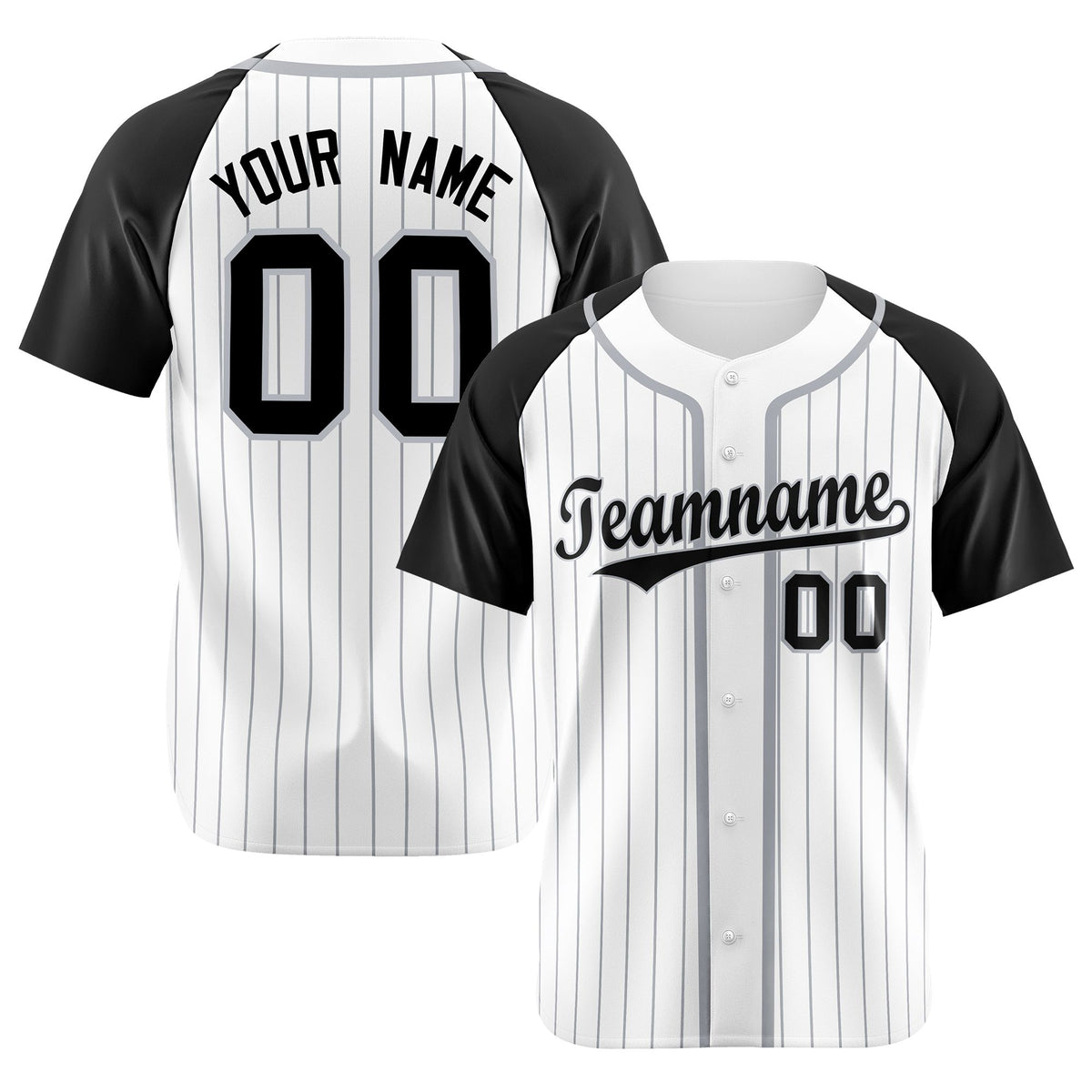 Custom White Black Pinstripe Gray-White Authentic Raglan Sleeves Baseball Jersey