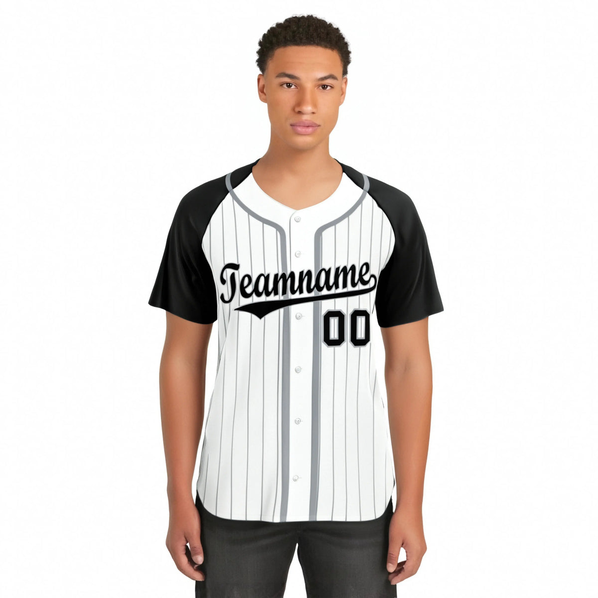 Custom White Black Pinstripe Gray-White Authentic Raglan Sleeves Baseball Jersey