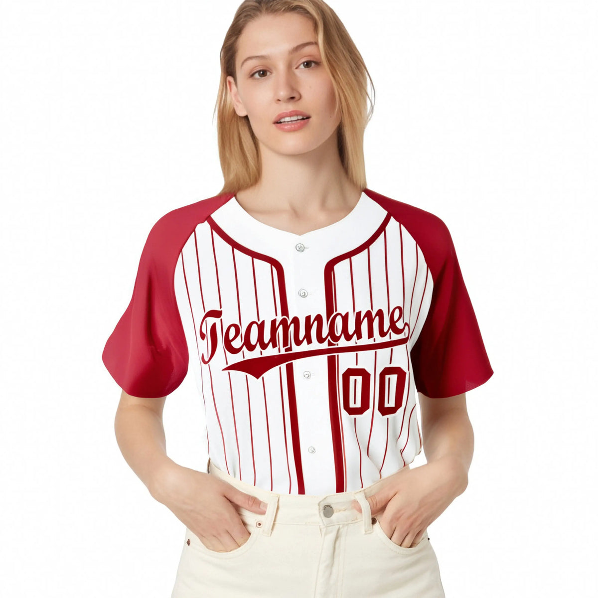 Custom White Red Pinstripe Red-White Authentic Raglan Sleeves Baseball Jersey