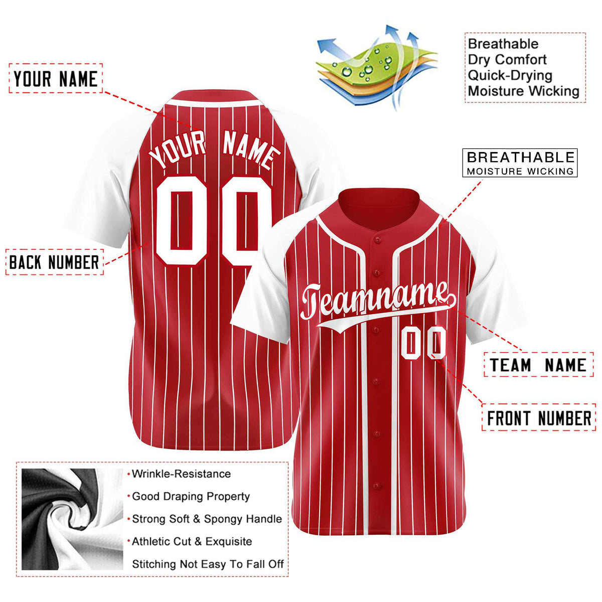 Custom Red White Pinstripe Red-White Authentic Raglan Sleeves Baseball Jersey