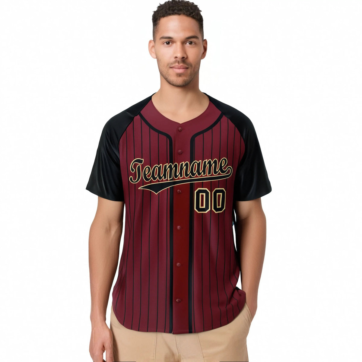Custom Burgundy Black Pinstripe Black-Yellow Authentic Raglan Sleeves Baseball Jersey