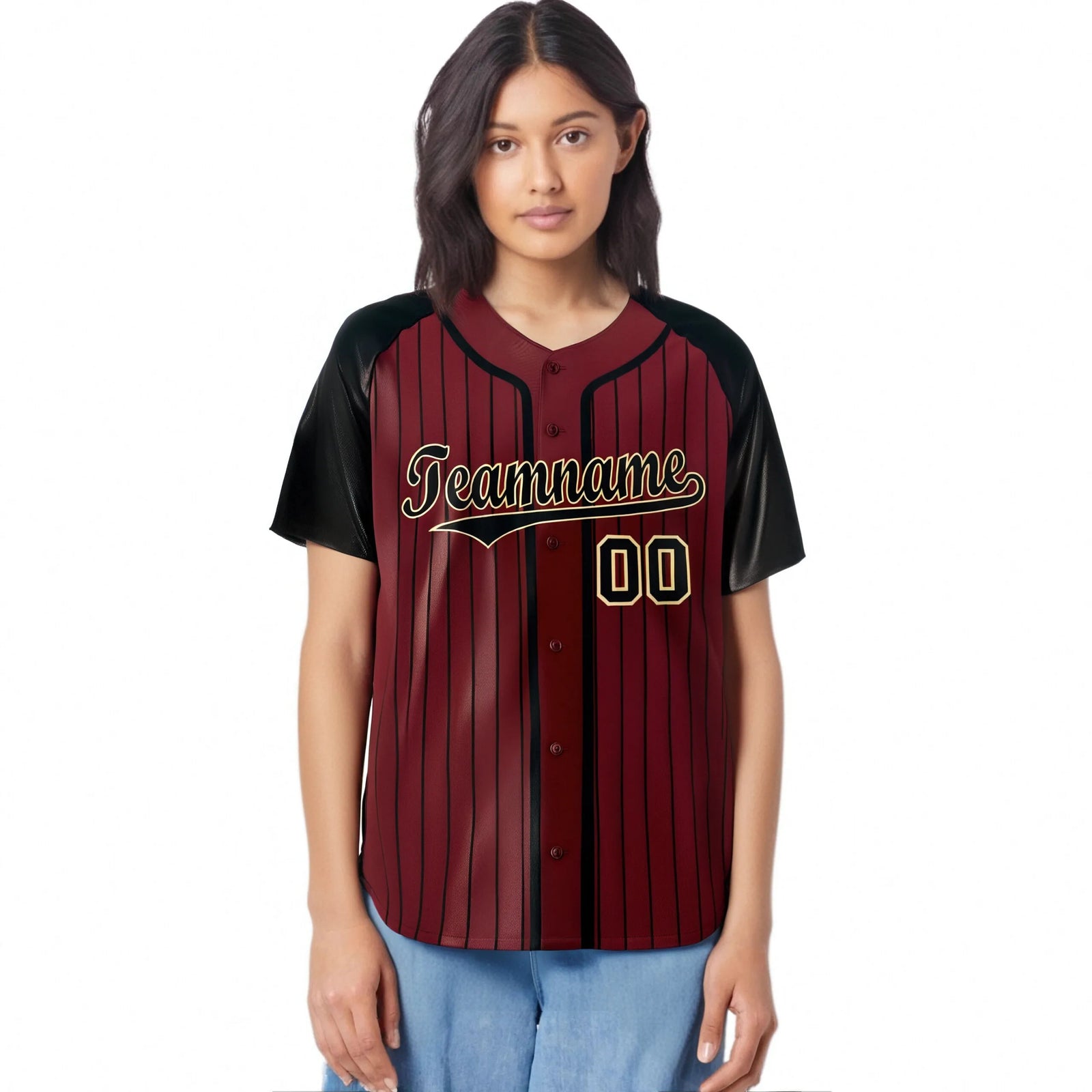 Custom Burgundy Black Pinstripe Black-Yellow Authentic Raglan Sleeves Baseball Jersey