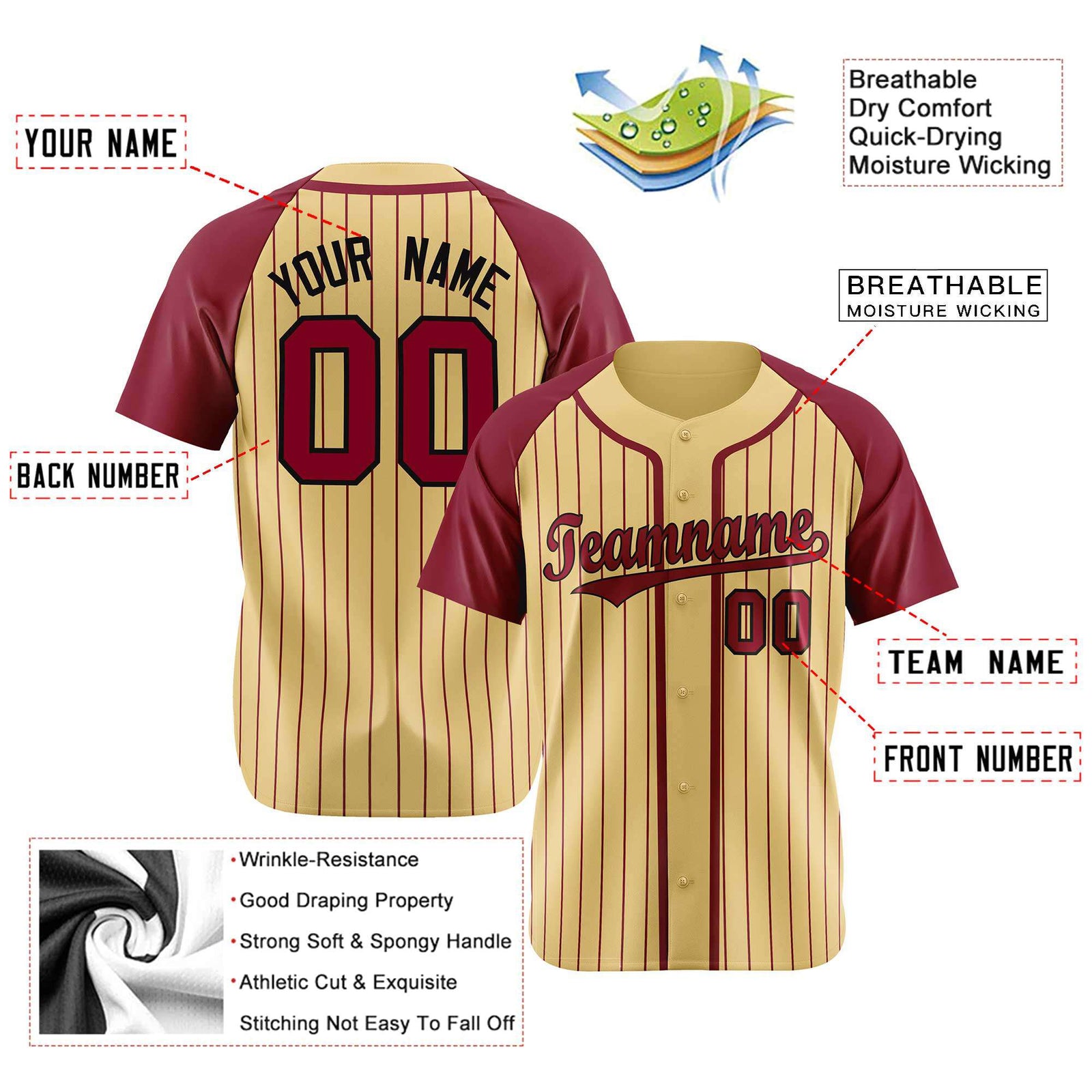 Custom Cream Burgundy Pinstripe Burgundy-Black Authentic Raglan Sleeves Baseball Jersey