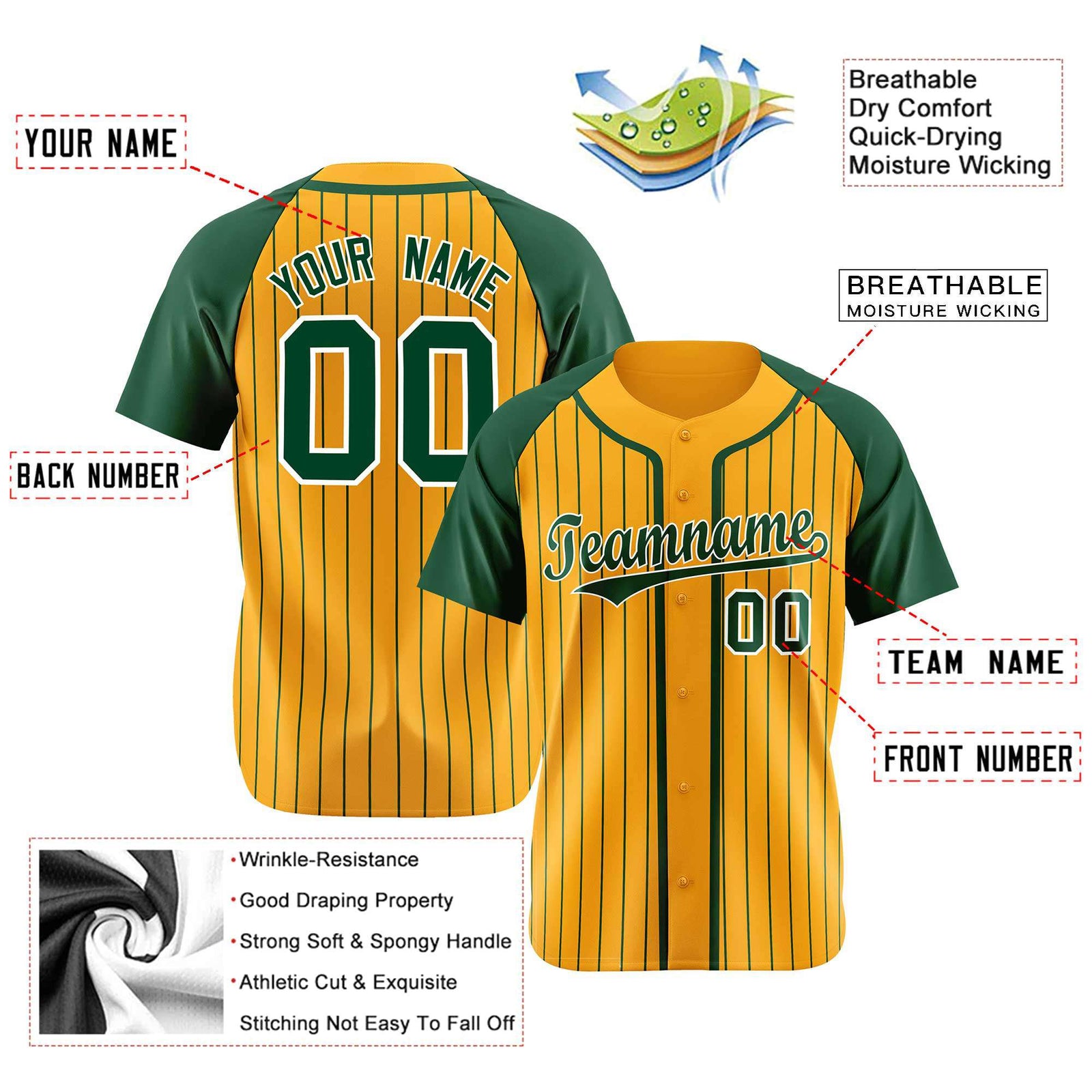 Custom Old Gold Kelly Green Pinstripe Kelly Green White Authentic Raglan Sleeves Baseball Jersey
