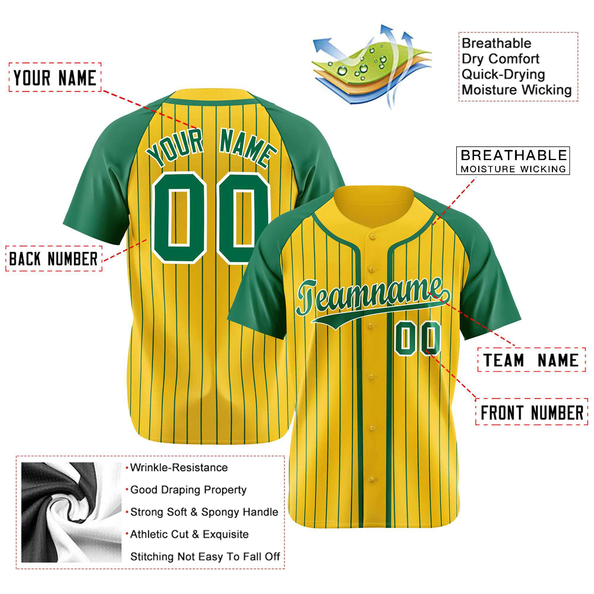 Custom Yellow Kelly Green Pinstripe Kelly Green White Authentic Raglan Sleeves Baseball Jersey