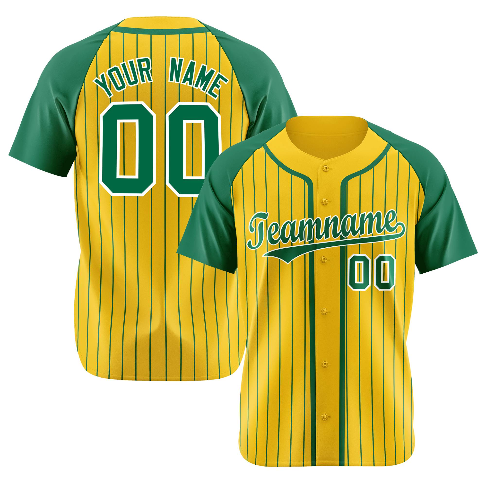 Custom Yellow Kelly Green Pinstripe Kelly Green White Authentic Raglan Sleeves Baseball Jersey