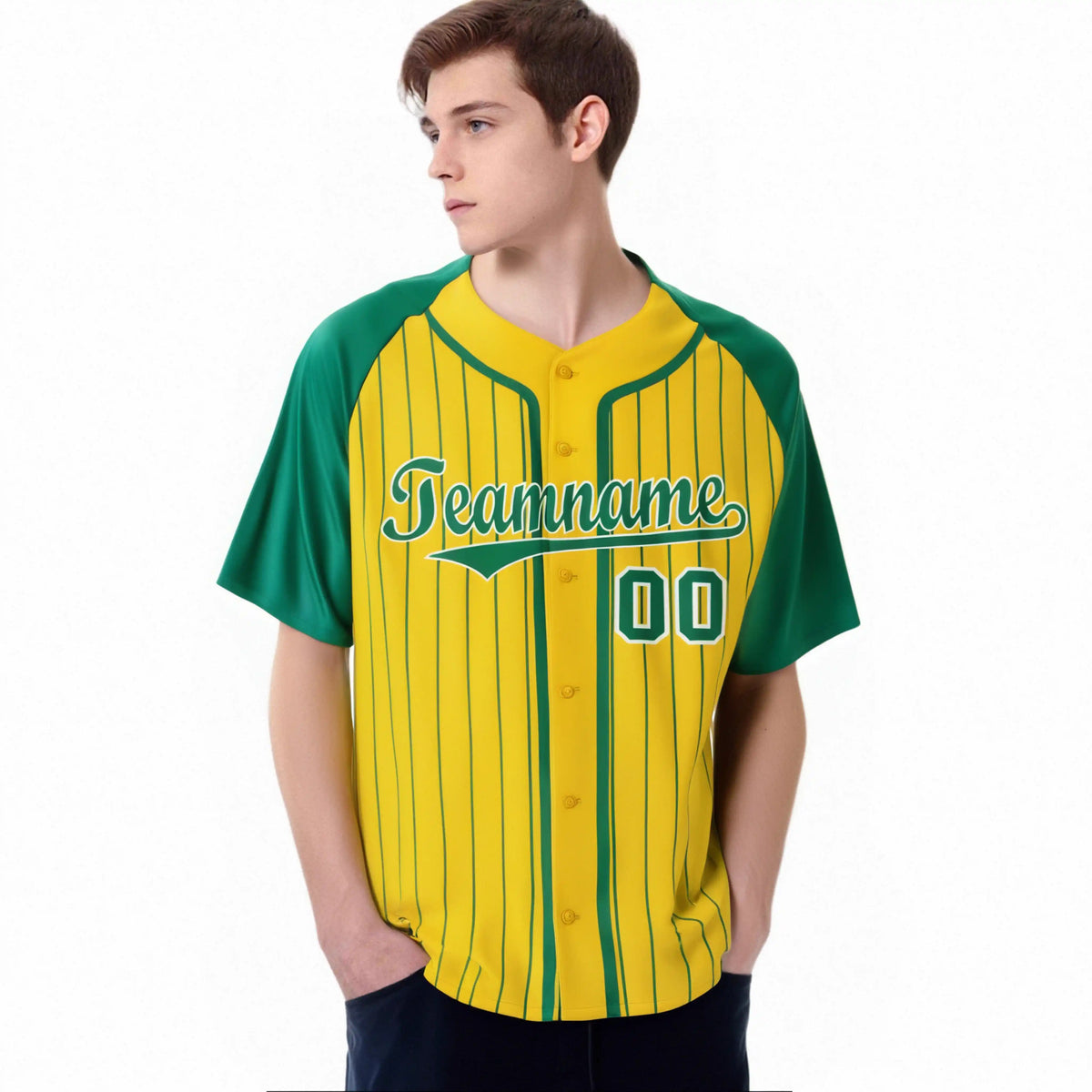 Custom Yellow Kelly Green Pinstripe Kelly Green White Authentic Raglan Sleeves Baseball Jersey