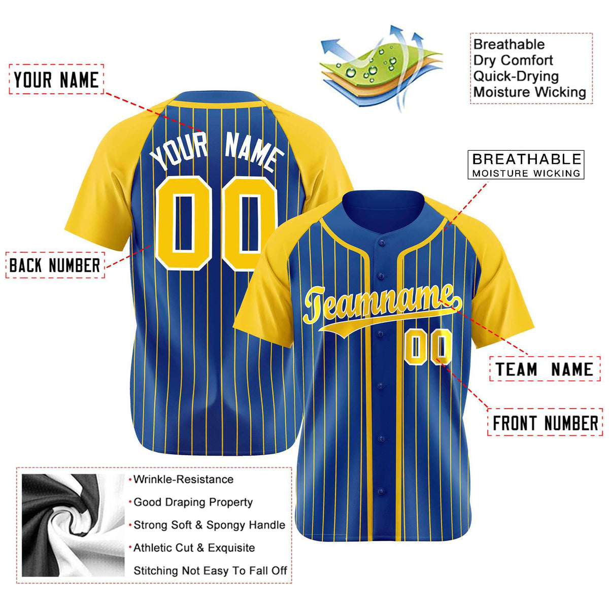 Custom Blue Yellow Pinstripe Yellow-White Authentic Raglan Sleeves Baseball Jersey