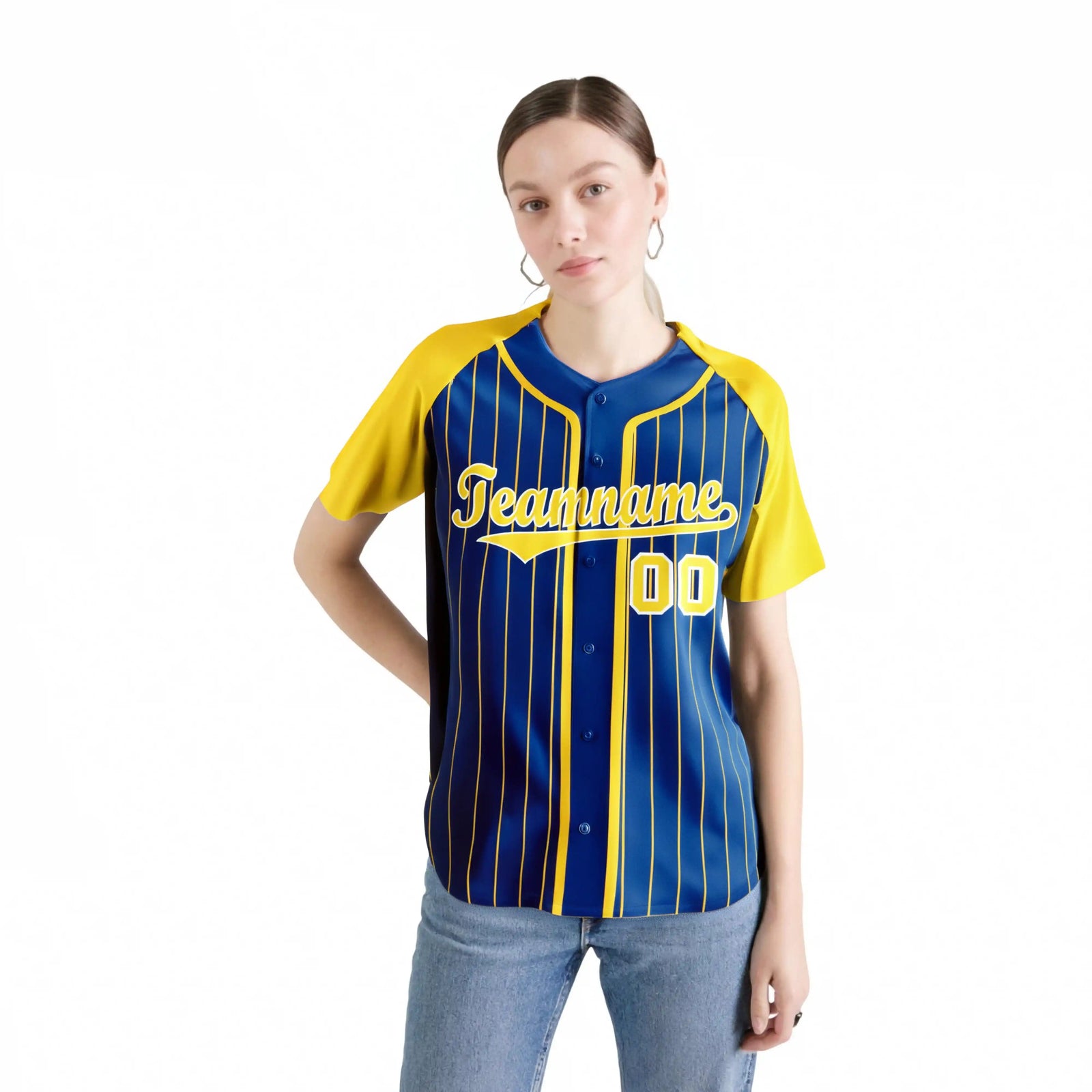 Custom Blue Yellow Pinstripe Yellow-White Authentic Raglan Sleeves Baseball Jersey