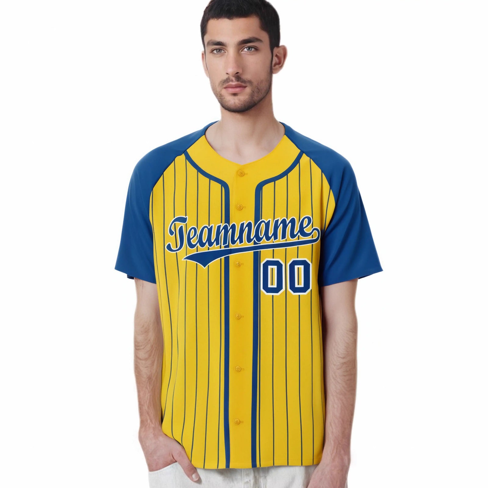 Custom Yellow Blue Pinstripe Blue-White Authentic Raglan Sleeves Baseball Jersey
