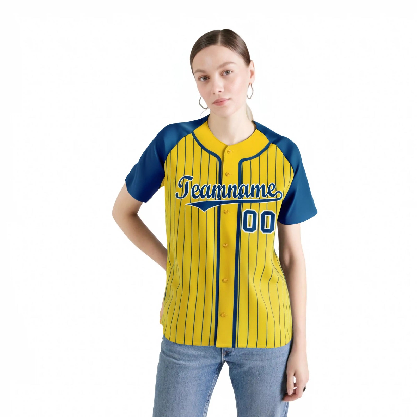 Custom Yellow Blue Pinstripe Blue-White Authentic Raglan Sleeves Baseball Jersey