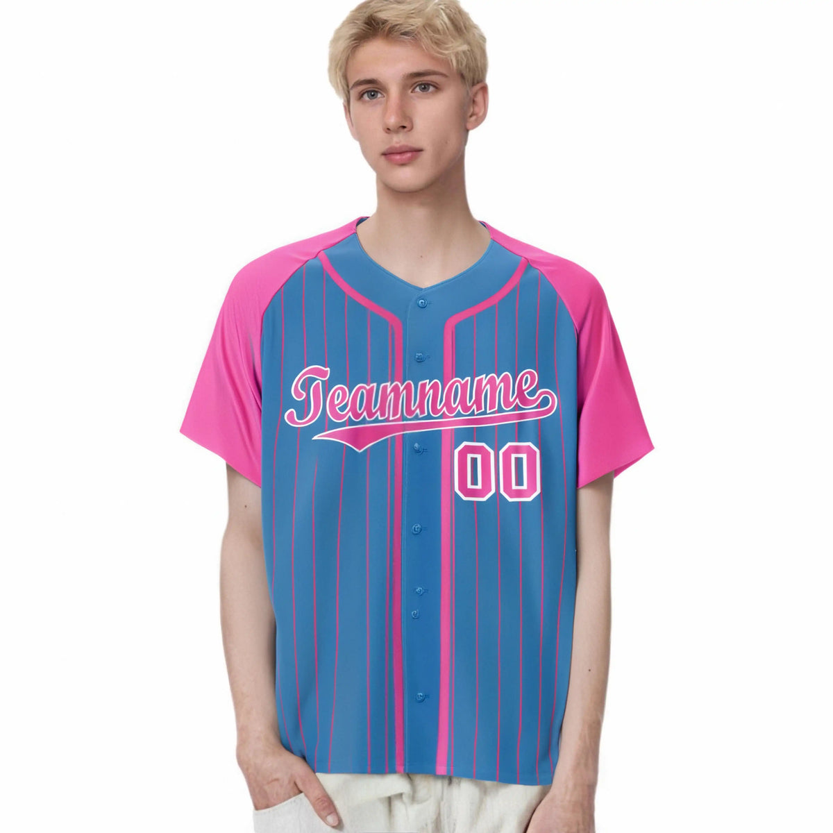 Custom Powder Blue Pink Pinstripe Pink-White Authentic Raglan Sleeves Baseball Jersey