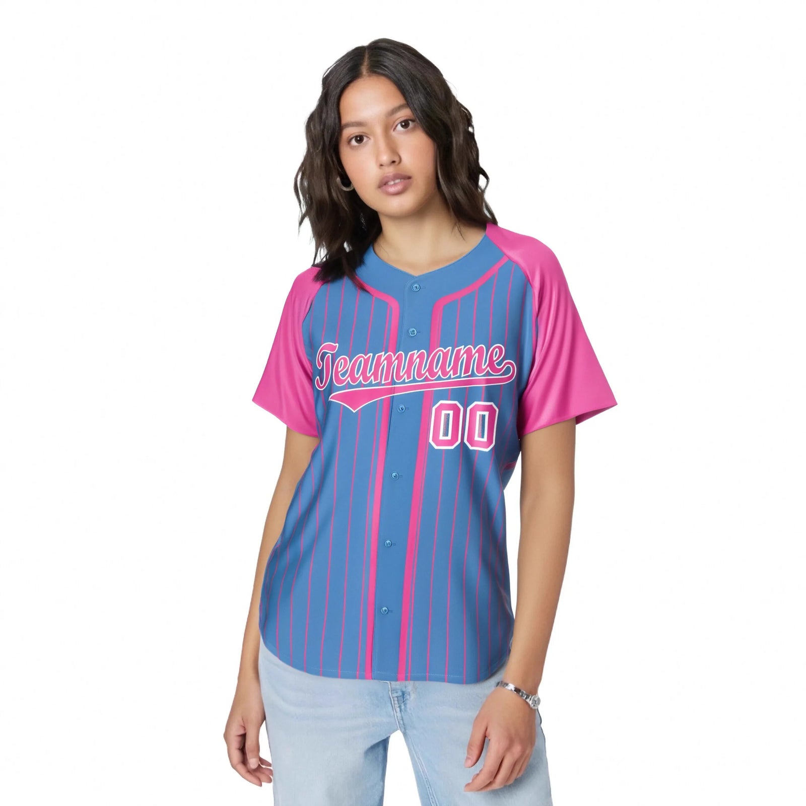 Custom Powder Blue Pink Pinstripe Pink-White Authentic Raglan Sleeves Baseball Jersey