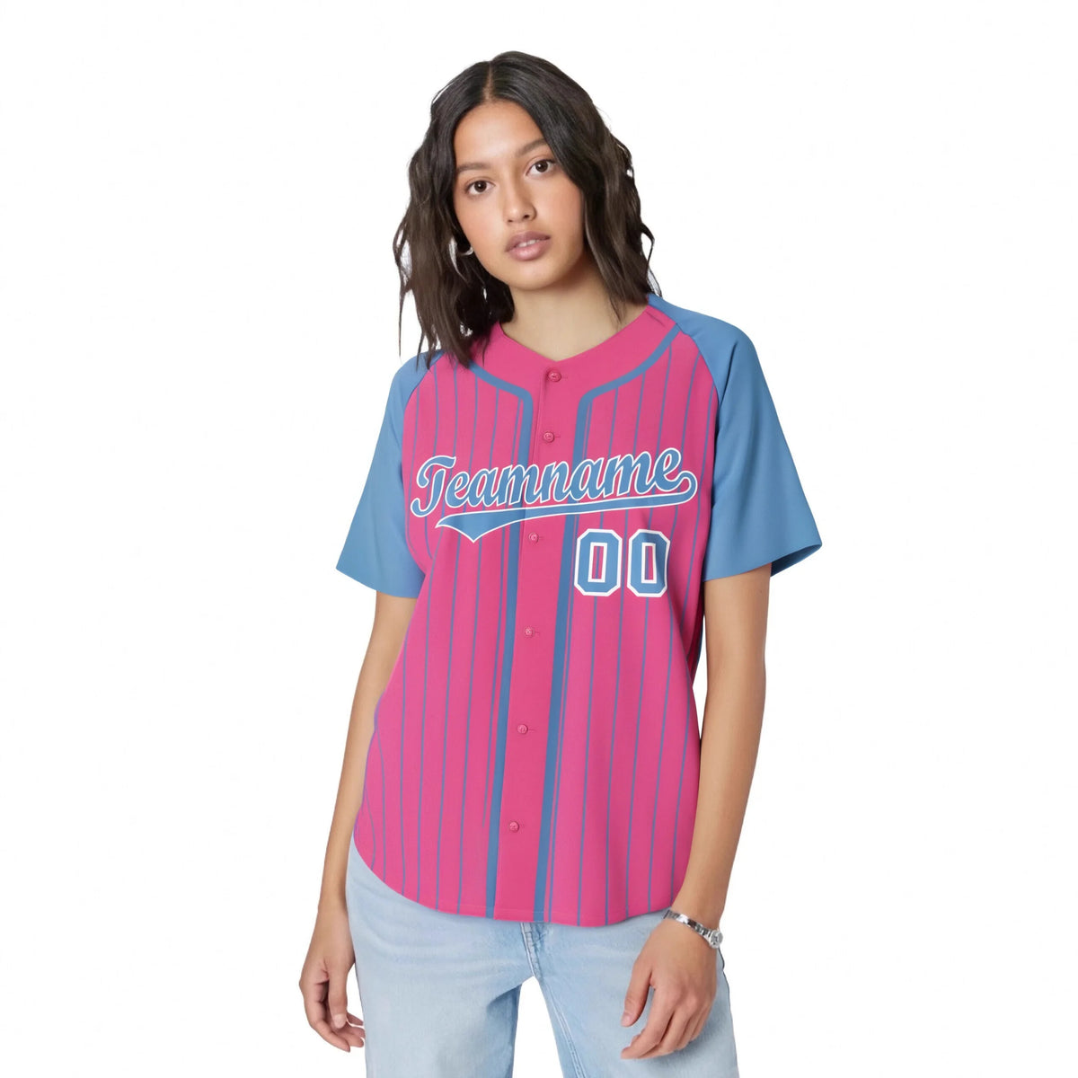 Custom Pink Powder Blue Pinstripe Powder-Blue White Authentic Raglan Sleeves Baseball Jersey