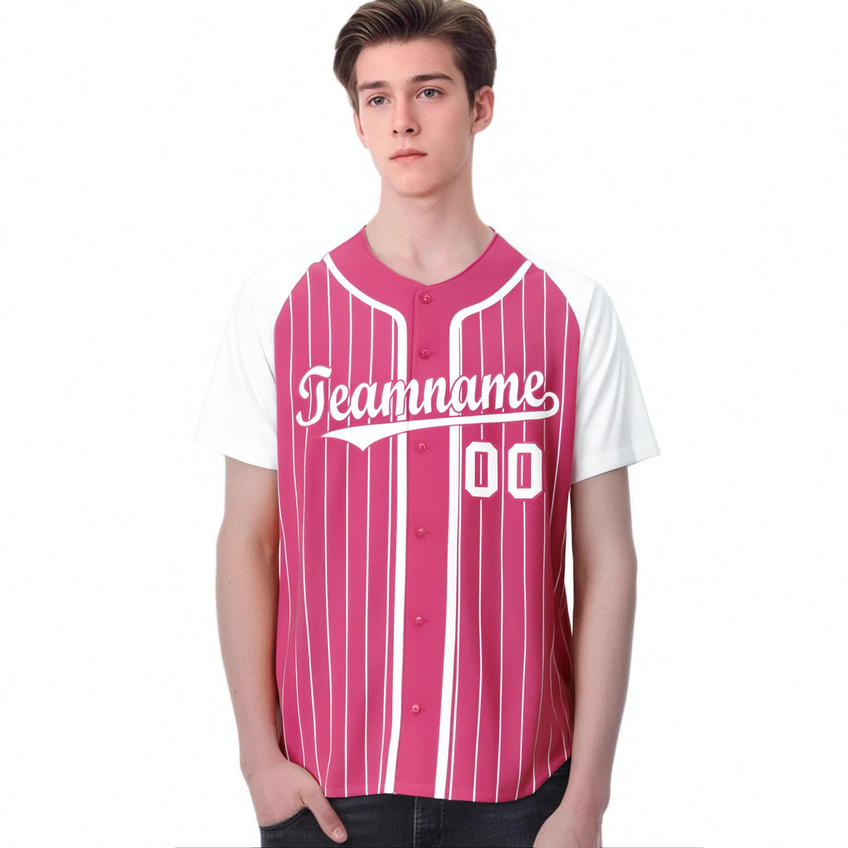 Custom Pink White Pinstripe Pink-White Authentic Raglan Sleeves Baseball Jersey