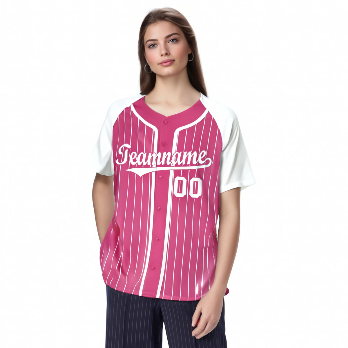 Custom Pink White Pinstripe Pink-White Authentic Raglan Sleeves Baseball Jersey