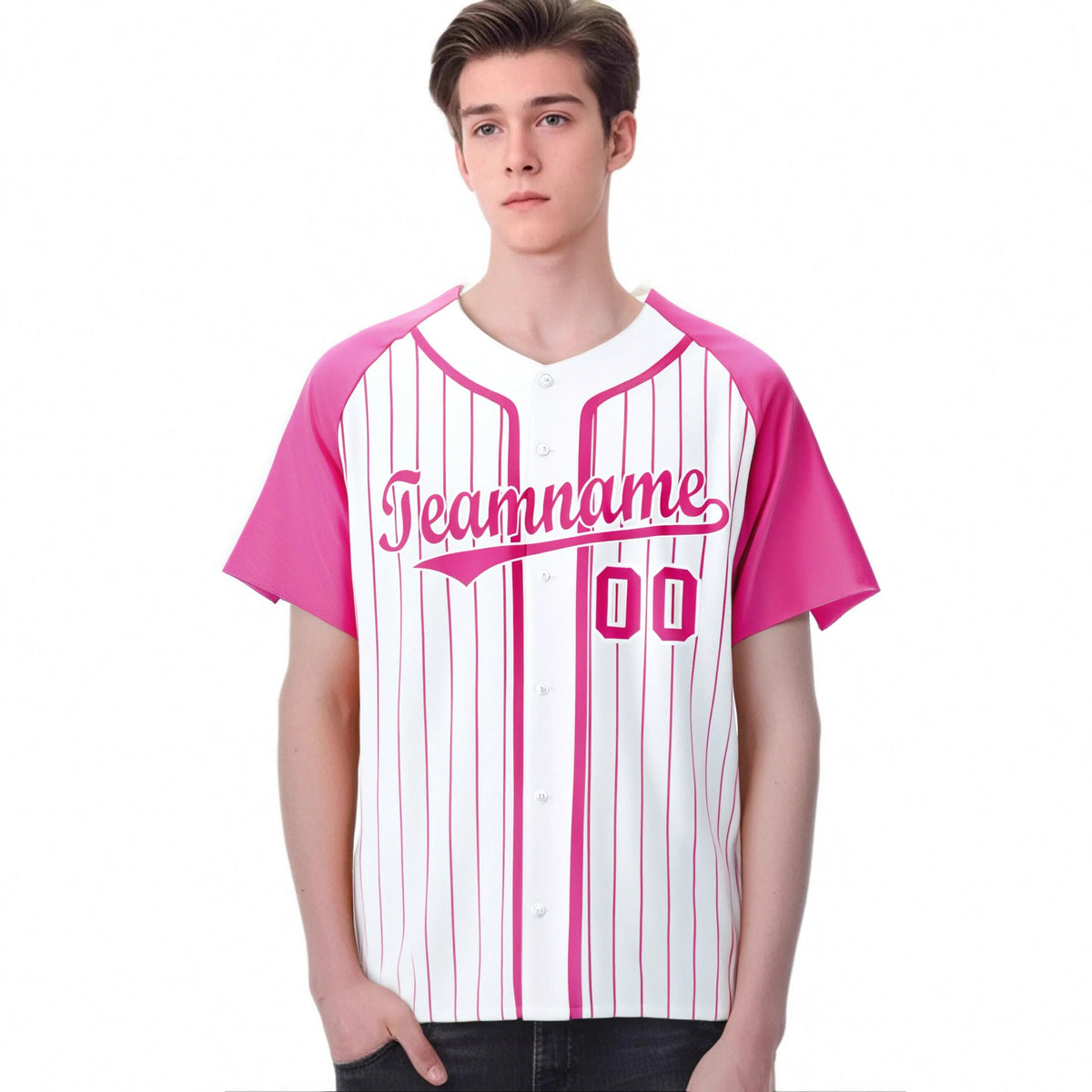 Custom White Pink Pinstripe White-Pink Authentic Raglan Sleeves Baseball Jersey