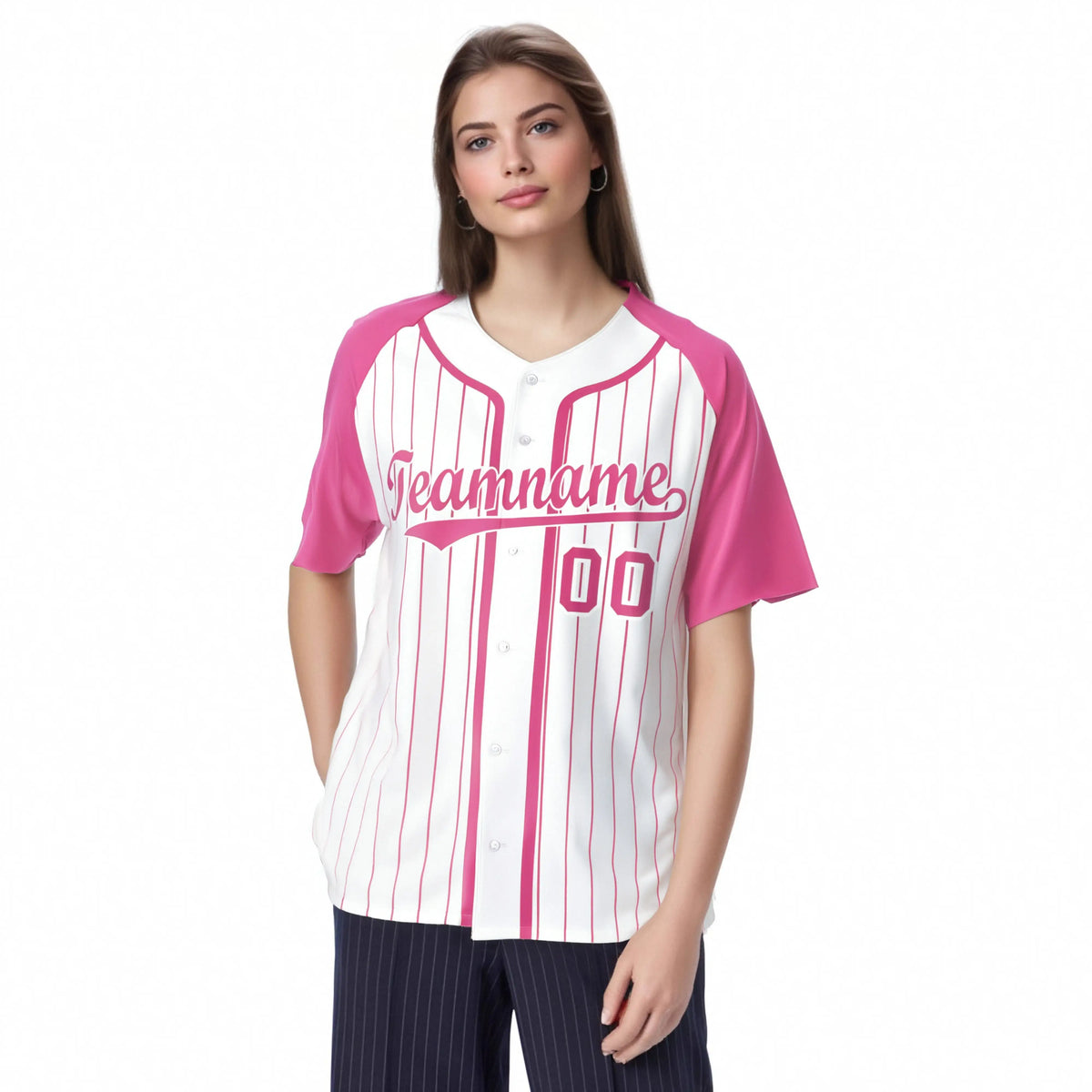 Custom White Pink Pinstripe White-Pink Authentic Raglan Sleeves Baseball Jersey