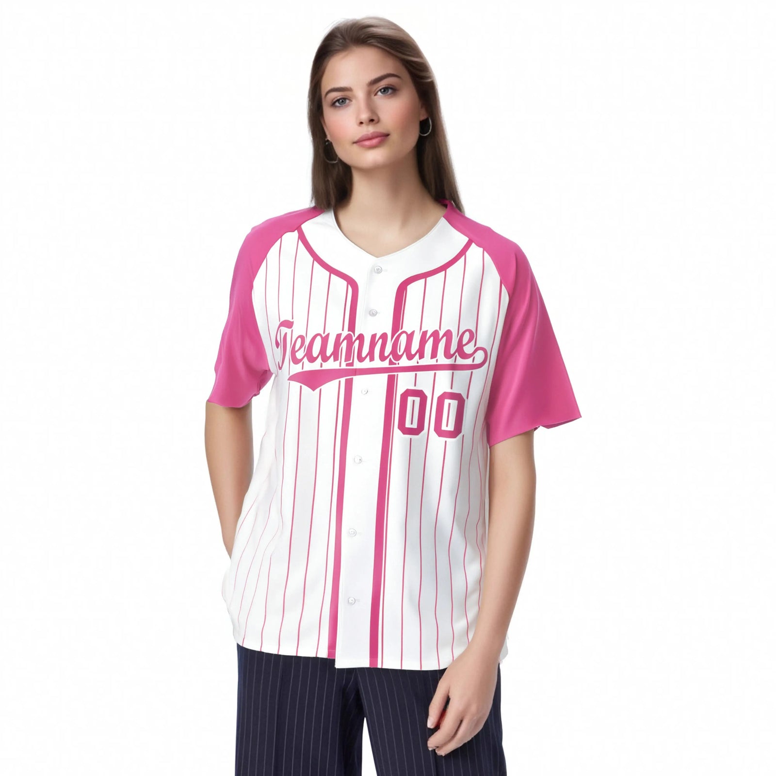 Custom White Pink Pinstripe White-Pink Authentic Raglan Sleeves Baseball Jersey