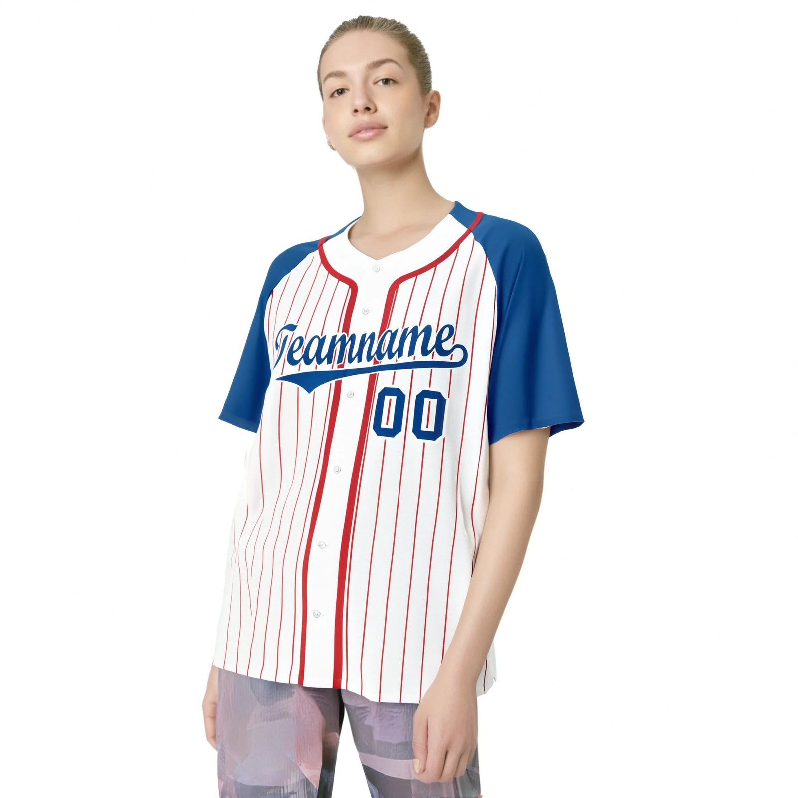 Custom White Blue Pinstripe Blue-Crimson Authentic Raglan Sleeves Baseball Jersey